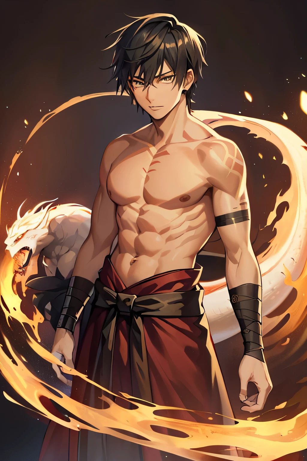 (high-quality, breathtaking),(expressive eyes, perfect face) 1boy, male, solo, young adult, black hair, yellow eyes, (short spiky hairstyles) short hair length, (dark skin), soft serious expression, Monk profession, martial artist, well built body, pants, knuckle bandages, environment background, fantasy clothing, fantasy attire, DnD Monk Class, oriental monk, half body, ancient Chinese swordsman hanfu, body tattoos, tribal body art, wuxia, black and gold clothing palette, ((tan skin color)), monk, bandage wrapped forearms, fantasy, (Dragon tattoo), (big Stigmata), character focus, ((black light)),((dark lighting)), cinematic lighting ,(darkness), (concept art), (glowing eyes), high resolution, extremely detailed CG unity 8k wallpaper, ((masterpiece)), ((top-quality)), (beautiful illustration), ((an extremely delicate and beautiful)), (masterpiece, Best quality, ultra high resolution), glowing yellow eyes, Luminous_eyes, ultra detailed eyes, Beautiful and detailed face, detailed eyes, (Centered, torso), (wide shot:0.9), facing the viewer, Eye level, (1 small black horn on top of head), ((white Chinese dragon)), floating Chinese dragon, Chinese dragon