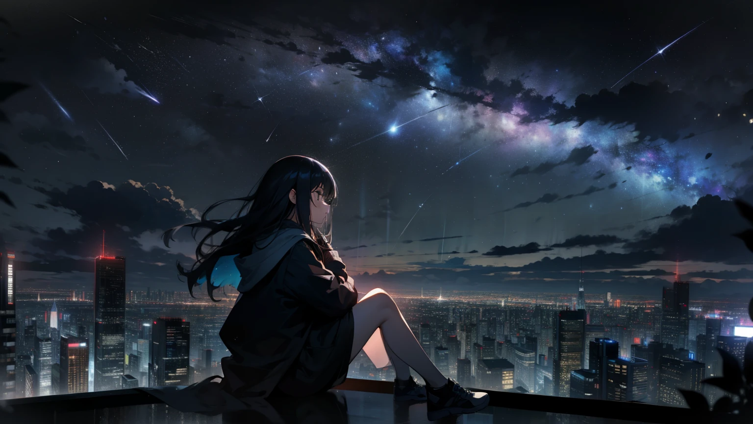 null, star (null), scenery, starry null, night, 1 girl, night null, alone, outdoor, building, cloud, milky way, sitting, wood, long hair, city, silhouette, cityscape