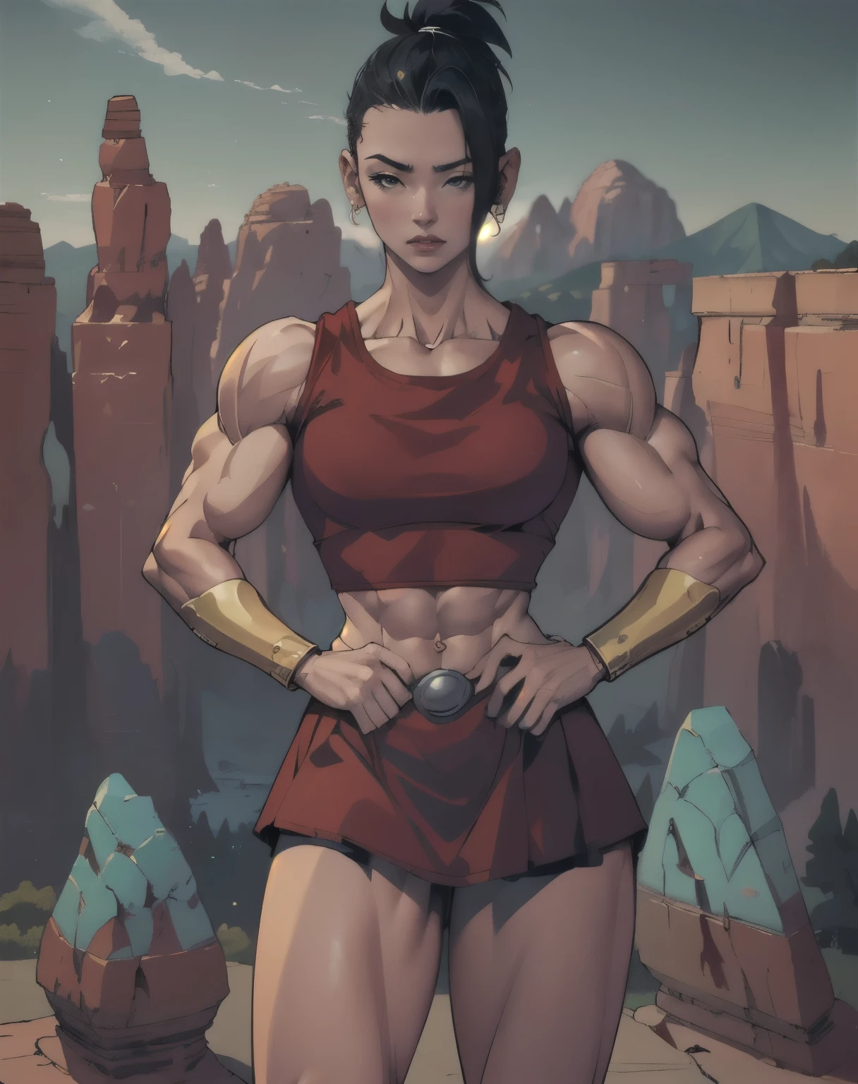 masterpiece, best quality, defKale, black eyes, ponytail, crop top, bracer, red skirt, upper body, standing, looking at viewer, nervous, green sky, mountains, rock formations, from above, close-up 