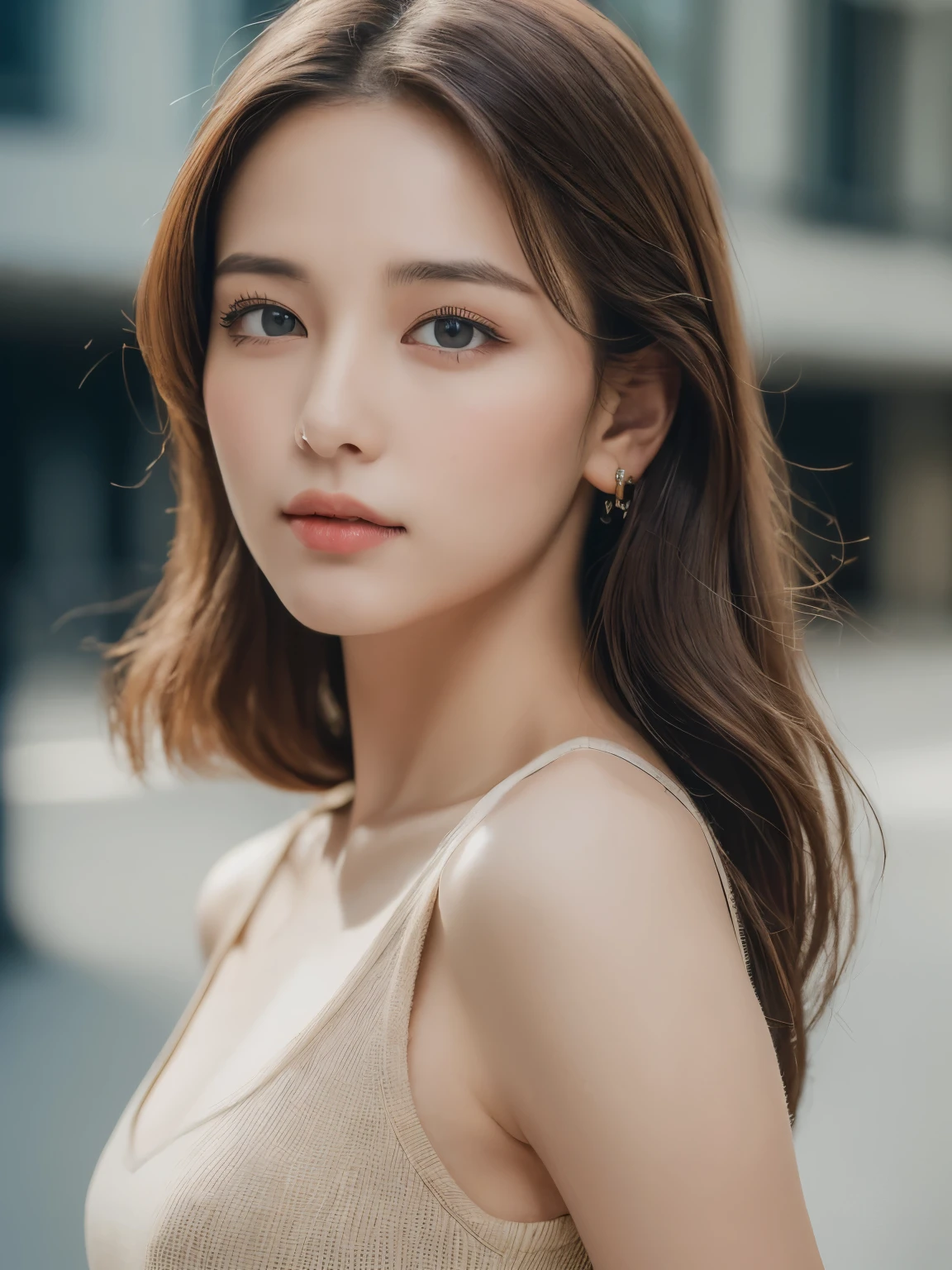 ((highest quality, 8k, masterpiece :1.3)), sharp focus :1.2, perfect body beauty: 1.4, slim abs: 1.2, dark brown hair, (Natural light, city street: 1.1 ), Highly detailed face and skin texture, fine eyes, double eyelid, (((dynamic angle)))