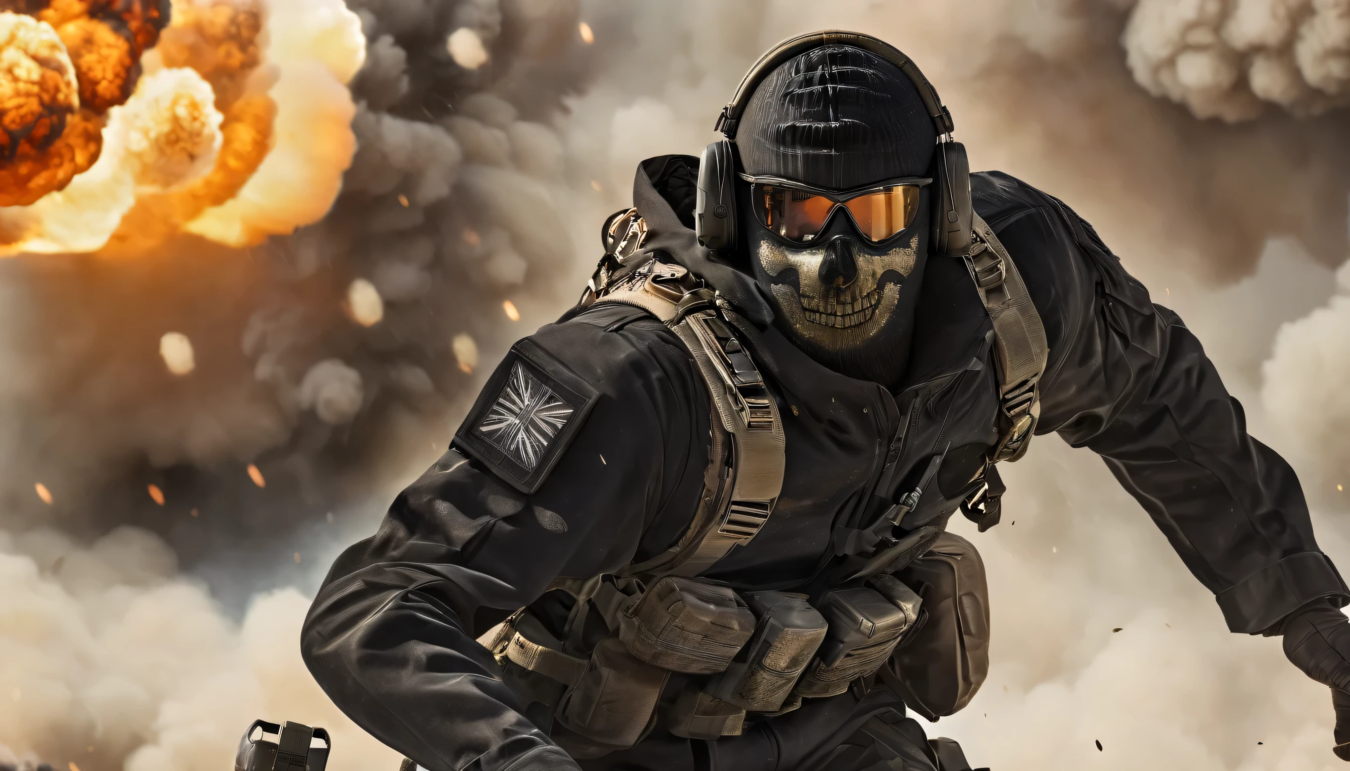 (((cinematic film still of Simon Ghost Riley a man in a black outfit holding a rifle modern warfare style))), ((Upper body selfie)), selfie with his cell phone, (((((distant nuclear explosion))))), (((World War))), (explosion,fire:1.2), (smoke:1.4), (((((city))))), (RTX) cinematic film shot in 70mm, depth of field, vivid colors, (best quality,ultra-detalhado,Realistic:1.37), (8k, ARTISTIC photography, best quality, masterpiece: 1.2), (realistic, photorealistic:1.37), over-detailed, (high-detail skin: 1.2), 8k UHD, SLR camera, soft lighting, high quality, film grain, cinematic lighting, photonic display, brightness, physically rendered photo, (dynamic pose ), extremely high-quality graphics, over-detailed face, (((cinematic lighting))), ((clear details)),