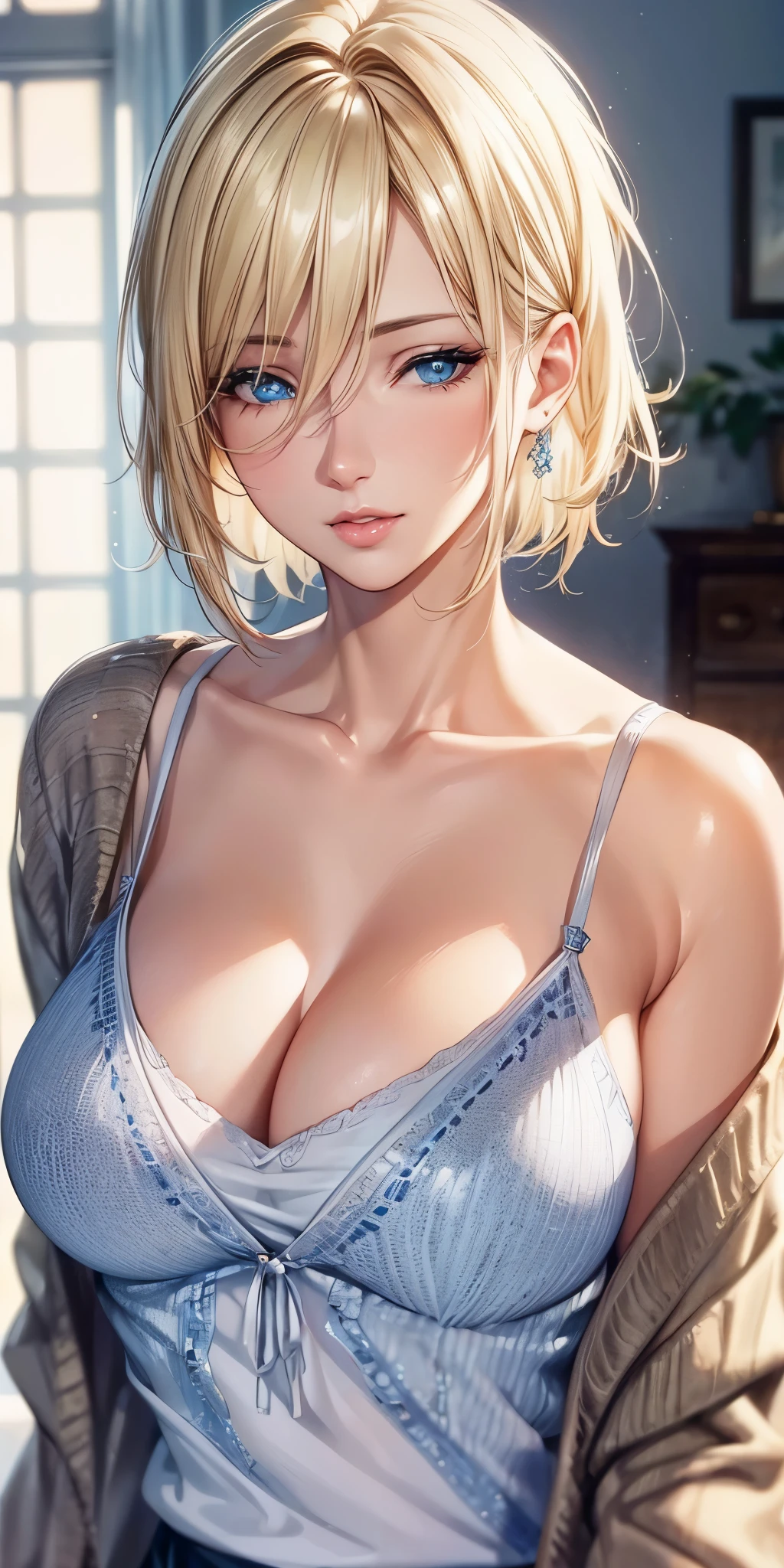 (best quality, highres, realistic), portrait, elegant mature woman, blue eyes,blonde hair, big breast, ultra detailed cg 8k, beautiful cg, soft light