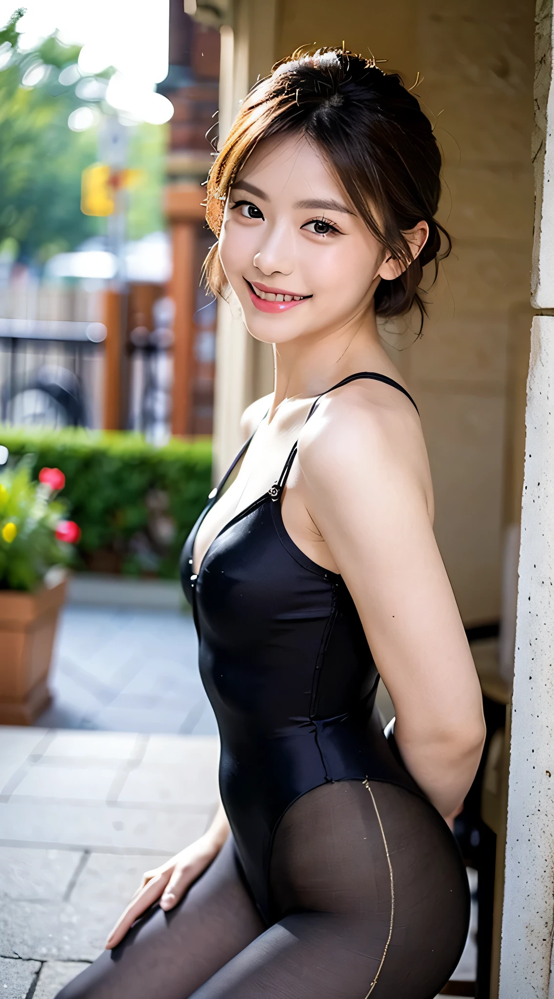 Ulchan-6500-v1.1, (Raw photo:1.2), (photogenuineistic), ( genuine: 1.4), highest quality, table top, ultra high resolution, (genuine: 1.4), original photo, (Daytime photo session, naughty pose), 1 girl, black eye, look at the audience, (very affectionate smile:1.2)、short hair, compensate, lips, small ears, colorful、wonderful、(leotard:1.3)、(super genuineistic pantyhose:1.2), slim, neat, garden, 