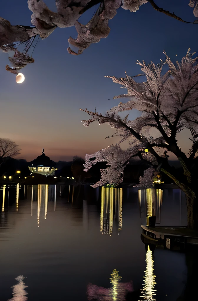 big weeping cherry tree beautiful cherry blossoms night sky beautiful moon 8k wallpaper Detailed photos lake