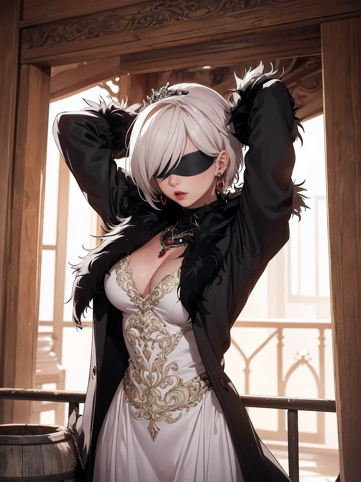 ((2B, 1girl, solo, short hair, black blindfold, pink lipstick, black tiara, white hair, (muscular, fitness), ((serious expression, austere)), ((royal red dress, ornate long dress, red dress)), sexy red dress)), (((black fur coat:1.4), (ornate dress))), bracelet, winery,wine barrels backgroudn, standing on a barrel, sexy pose)), gloves, leather gloves, bracelets, amethyst necklace, hoop earrings))