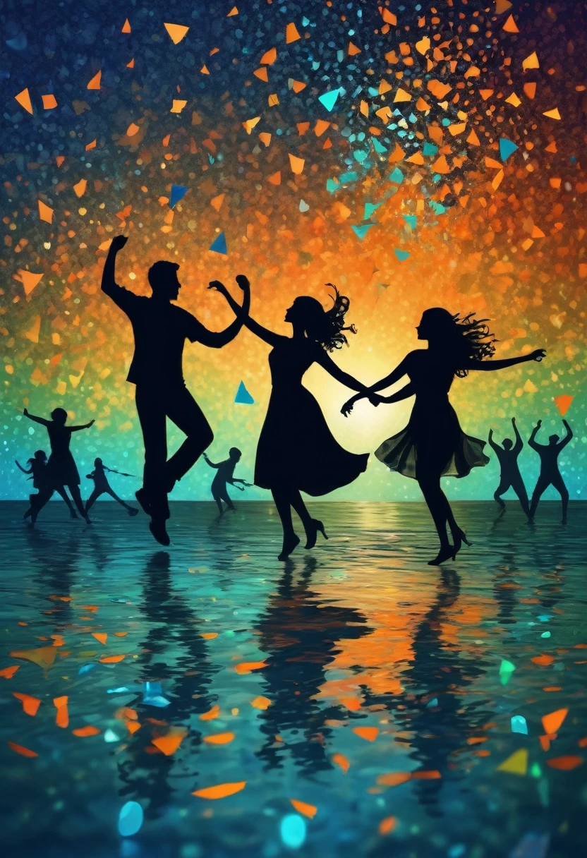 (best quality,highres:1.2),silhouette of people Dancing on the Sea Surface,colorful background,blue,orange,green,blurred,zentangle style,black,brown, crunch it, make it outstanding, the best emotive silhouette ever, sparkles, musical explosions, flying musical notes, magical, thanks. By Tupu...lol...