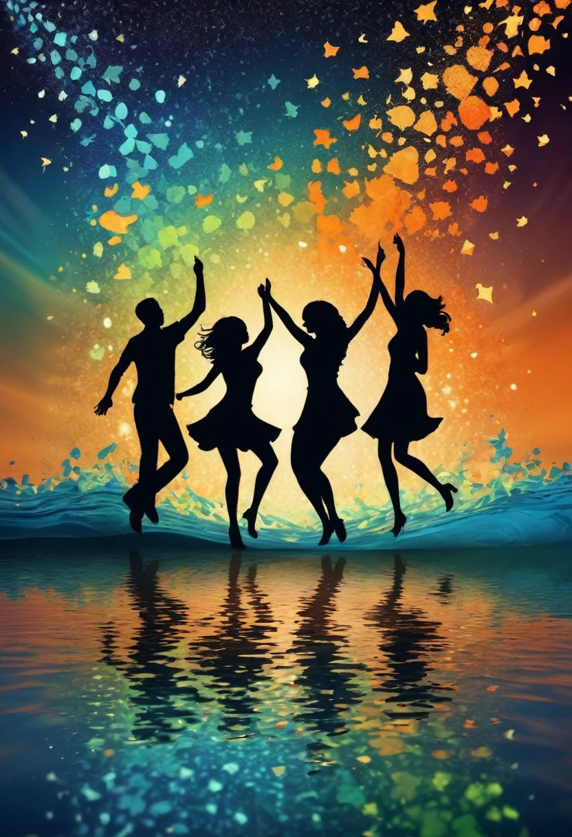 (best quality,highres:1.2),silhouette of  people Dancing on the Sea Surface,colorful background,blue,orange,green,blurred,zentangle style,black,brown, crunch it, make it outstanding, the best emotive silhouette ever, sparkles, musical explosions, flying musical notes, magical, thanks. By Tupu...lol...