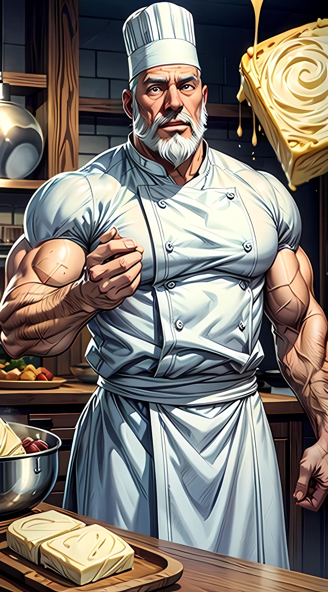 Tavern in the style of the 80s, bar counter, an elderly muscular bald bartender in a white shirt with rolled up sleeves stands behind the counter and wipes a glass with a rag; a bizarre mixture of a medieval tavern and a Soviet canteen, many small environmental details, intricate details, high quality textures, cuttlefish