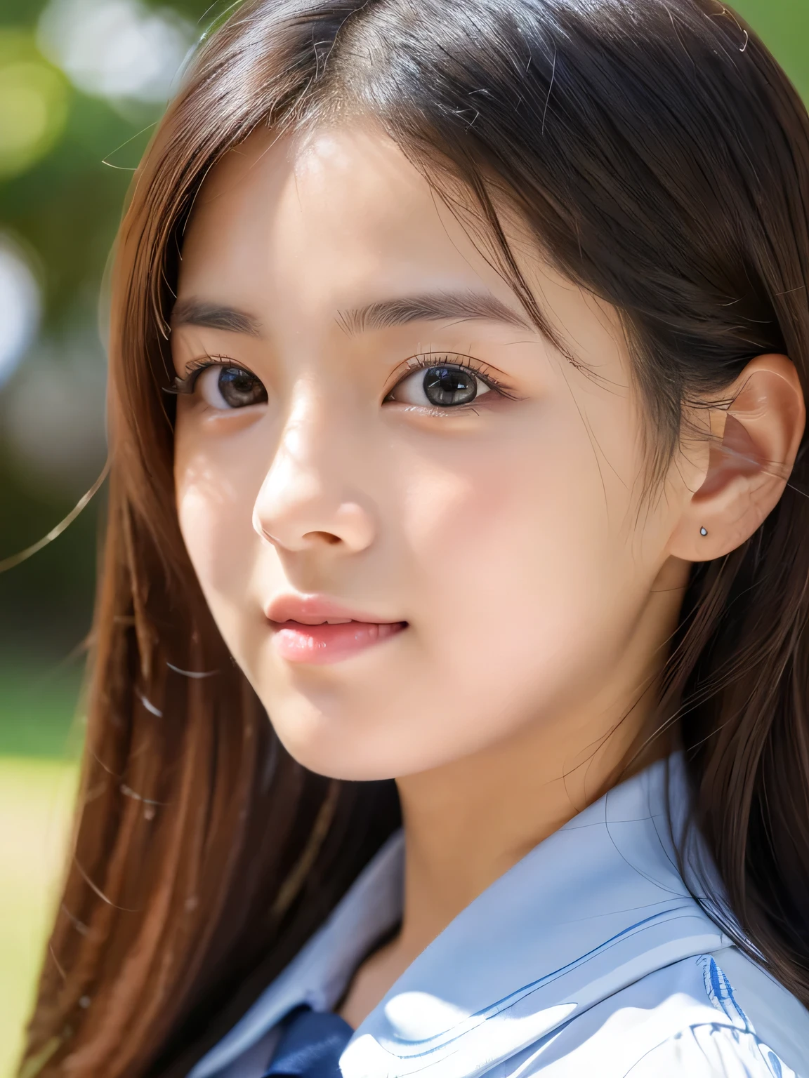 (((32k,high details,high detail、masterpiece,attention to detail,alone))),Raw photo & realistic atmosphere,beautiful dark blue eyes,detailed mouth,glossy lips,thin eyebrows,fine eyes、Soft white skin that shines in every detail、sheの深い黒色の目はとても美しいです,lip details、very beautiful face,very well-shaped face、lifelike face,shining beautiful lips,beautiful eyebrows,infinite reality, Realistic young gravure idol,she'she'she'she'she'she's a very cute woman , young gravure idol, young gravure idol, とても美しくてかわいい120 year old beautiful girl,incredibly beautiful and classy120 year old beautiful girl,natural soft light,(shiny hair,,Beautiful and kind eyes:1.5),gentle smile,well-shaped chest,medium long hair,tie hair,beautiful posture,no makeup,think ahead,Upper body,