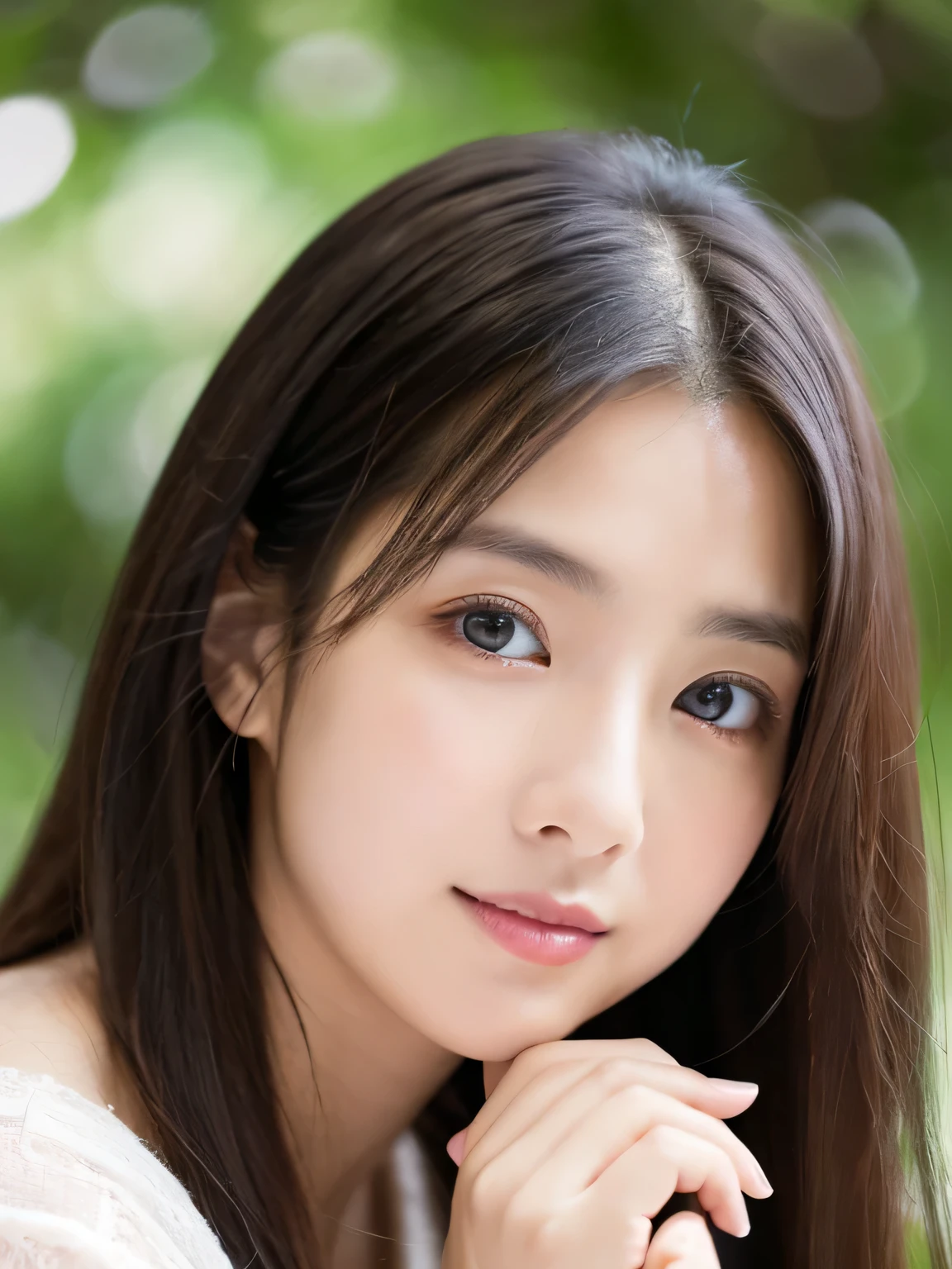 (((32k,high details,high detail、masterpiece,attention to detail,alone))),Raw photo & realistic atmosphere,beautiful dark blue eyes,detailed mouth,glossy lips,thin eyebrows,fine eyes、Soft white skin that shines in every detail、sheの深い黒色の目はとても美しいです,lip details、very beautiful face,very well-shaped face、lifelike face,shining beautiful lips,beautiful eyebrows,infinite reality, Realistic young gravure idol,she'she'she'she'she'she's a very cute woman , young gravure idol, young gravure idol, とても美しくてかわいい120 year old beautiful girl,incredibly beautiful and classy120 year old beautiful girl,natural soft light,(shiny hair,,Beautiful and kind eyes:1.5),gentle smile,well-shaped chest,medium long hair,tie hair,beautiful posture,no makeup,think ahead,Upper body,