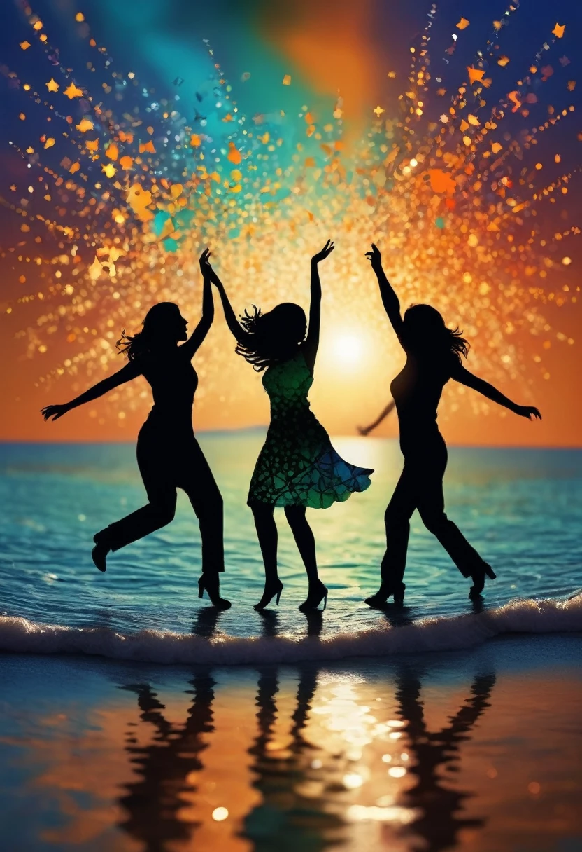 (best quality,highres:1.2),silhouette of people Dancing on the Sea Surface,colorful background,blue,orange,green,blurred,zentangle style,black,brown, crunch it, make it outstanding, the best emotive silhouette ever, sparkles, sea, musical explosions, flying musical notes, magical, thanks. By Tupu...lol...