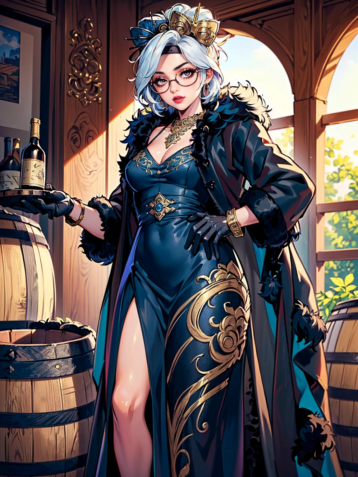 ((Masterpiece, standing,Best Quality, Purah, White Hair, brown Eyes, Red Headband, Hair Ornament, Hair Sticks, Red Glasses, shy, Smug)), ((pink lipstick, Extremely detailed, ambient soft lighting, 4k, perfect eyes, a perfect face, perfect lighting, a 1girl)), (((blue dress, ornate long dress, blue dress)), sexy blue dress))), (((black fur coat:1.4), (ornate dress))), bracelet, winery,wine barrels backgroudn, standing on a barrel, sexy pose, looking at viewer)), eyeshadows, eye liner,glistening eyes, hyper detailed eyes, intricate eyes, beautiful eye, gloves, leather gloves, bracelets, amethyst necklace, hoop earrings))