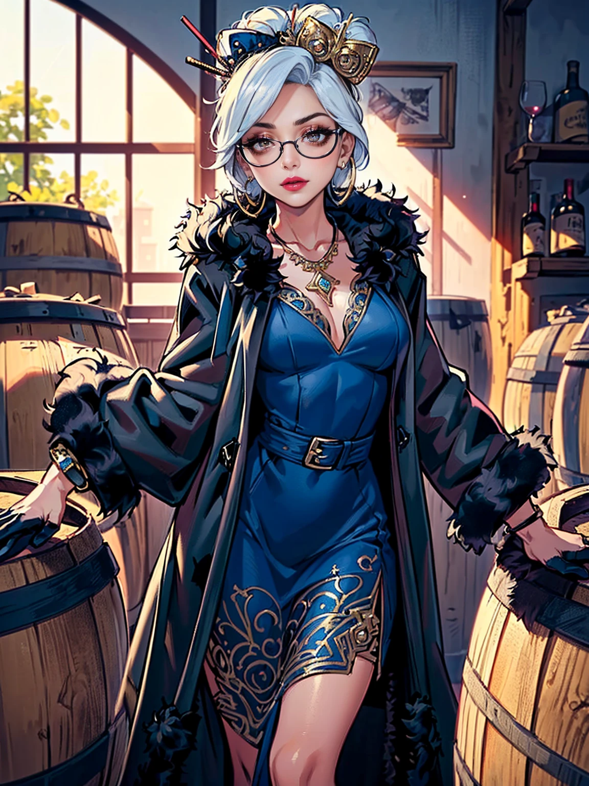 ((Masterpiece, standing,Best Quality, Purah, White Hair, brown Eyes, Red Headband, Hair Ornament, Hair Sticks, Red Glasses, shy, Smug)), ((pink lipstick, Extremely detailed, ambient soft lighting, 4k, perfect eyes, a perfect face, perfect lighting, a 1girl)), (((blue dress, ornate long dress, blue dress)), sexy blue dress))), (((black fur coat:1.4), (ornate dress))), bracelet, winery,wine barrels backgroudn, standing on a barrel, sexy pose, looking at viewer)), eyeshadows, eye liner,glistening eyes, hyper detailed eyes, intricate eyes, beautiful eye, gloves, leather gloves, bracelets, amethyst necklace, hoop earrings))