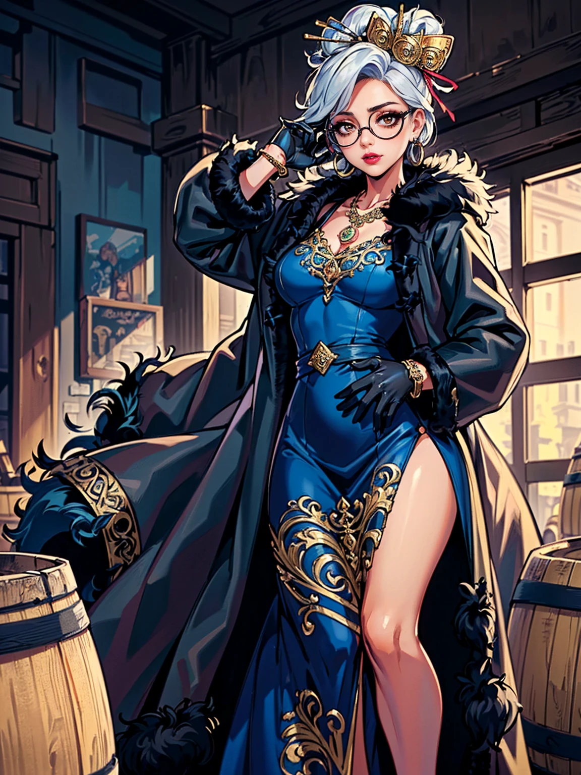 ((Masterpiece, standing,Best Quality, Purah, White Hair, brown Eyes, Red Headband, Hair Ornament, Hair Sticks, Red Glasses, shy, Smug)), ((pink lipstick, Extremely detailed, ambient soft lighting, 4k, perfect eyes, a perfect face, perfect lighting, a 1girl)), (((blue dress, ornate long dress, blue dress)), sexy blue dress))), (((black fur coat:1.4), (ornate dress))), bracelet, winery,wine barrels backgroudn, standing on a barrel, sexy pose, looking at viewer)), eyeshadows, eye liner,glistening eyes, hyper detailed eyes, intricate eyes, beautiful eye, gloves, leather gloves, bracelets, amethyst necklace, hoop earrings))