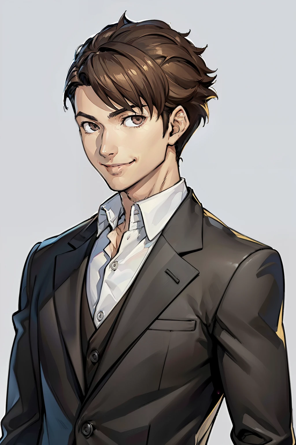 (masterpiece, highest quality:1.2),Good physique、黒いsuitを着て立っているアニメのキャラクター,suit、 ((masterpiece, highest quality)) 1 boy、((short hair、brown hair,undercut)、(smile)