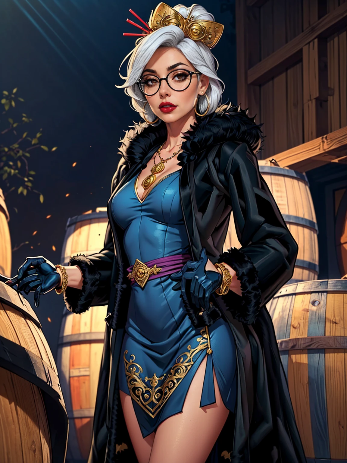 ((Masterpiece, standing,Best Quality, Purah, White Hair, brown Eyes, Red Headband, Hair Ornament, Hair Sticks, Red Glasses, shy, Smug)), ((pink lipstick, Extremely detailed, ambient soft lighting, 4k, perfect eyes, a perfect face, perfect lighting, a 1girl)), (((blue dress, ornate long dress, blue dress)), sexy blue dress))), (((black fur coat:1.4), (ornate dress))), bracelet, winery,wine barrels backgroudn, standing on a barrel, sexy pose, looking at viewer)), eyeshadows, eye liner,glistening eyes, hyper detailed eyes, intricate eyes, beautiful eye, gloves, leather gloves, bracelets, amethyst necklace, hoop earrings))