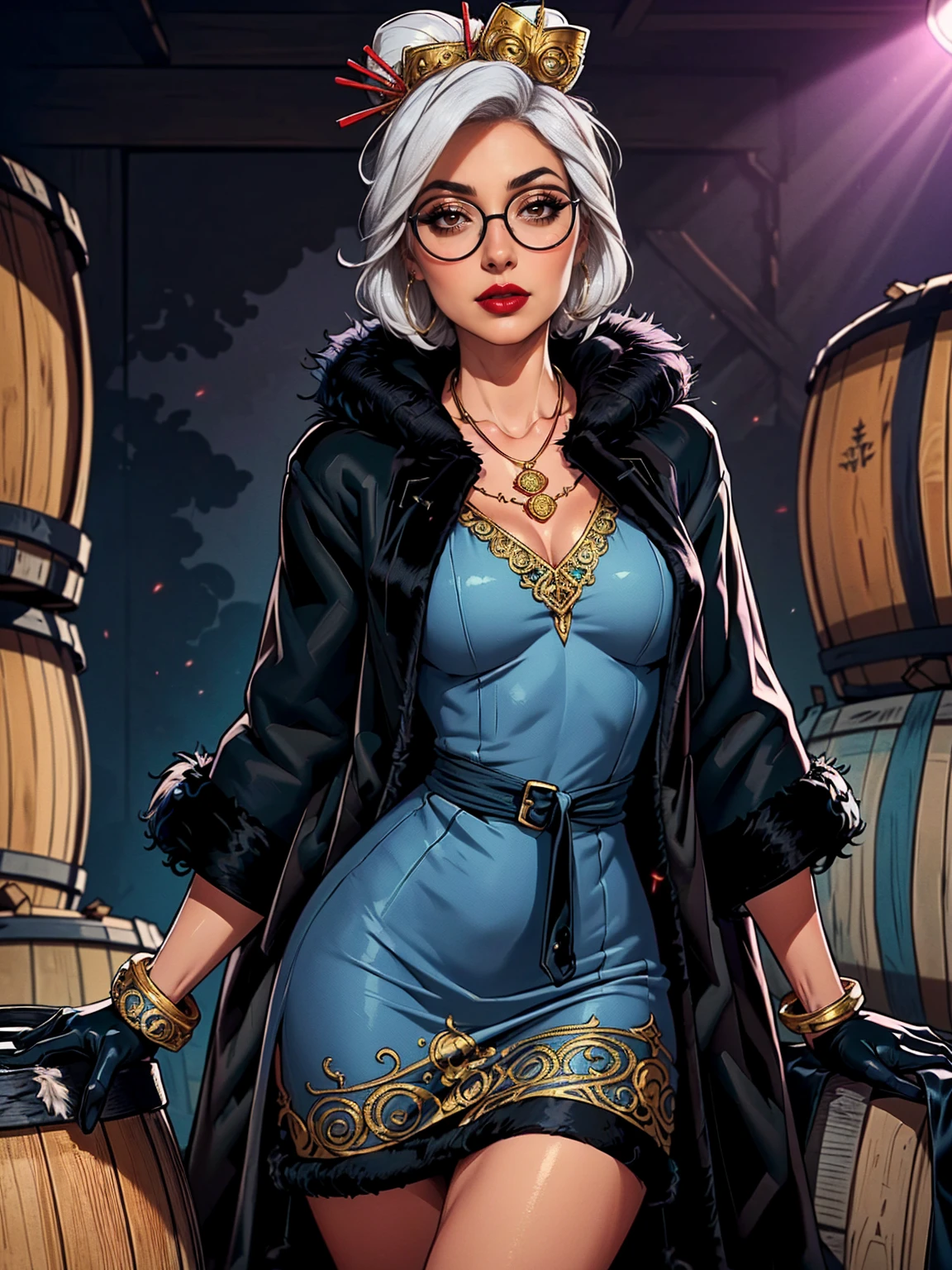 ((Masterpiece, standing,Best Quality, Purah, White Hair, brown Eyes, Red Headband, Hair Ornament, Hair Sticks, Red Glasses, shy, Smug)), ((pink lipstick, Extremely detailed, ambient soft lighting, 4k, perfect eyes, a perfect face, perfect lighting, a 1girl)), (((blue dress, ornate long dress, blue dress)), sexy blue dress))), (((black fur coat:1.4), (ornate dress))), bracelet, winery,wine barrels backgroudn, standing on a barrel, sexy pose, looking at viewer)), eyeshadows, eye liner,glistening eyes, hyper detailed eyes, intricate eyes, beautiful eye, gloves, leather gloves, bracelets, amethyst necklace, hoop earrings))