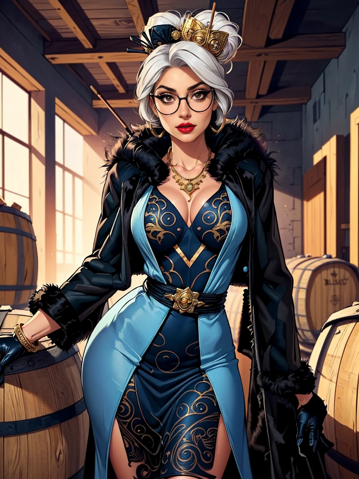 ((Masterpiece, standing,Best Quality, Purah, White Hair, brown Eyes, Red Headband, Hair Ornament, Hair Sticks, Red Glasses, shy, Smug)), ((pink lipstick, Extremely detailed, ambient soft lighting, 4k, perfect eyes, a perfect face, perfect lighting, a 1girl)), (((blue dress, ornate long dress, blue dress)), sexy blue dress))), (((black fur coat:1.4), (ornate dress))), bracelet, winery,wine barrels backgroudn, standing on a barrel, sexy pose, looking at viewer)), eyeshadows, eye liner,glistening eyes, hyper detailed eyes, intricate eyes, beautiful eye, gloves, leather gloves, bracelets, amethyst necklace, hoop earrings))