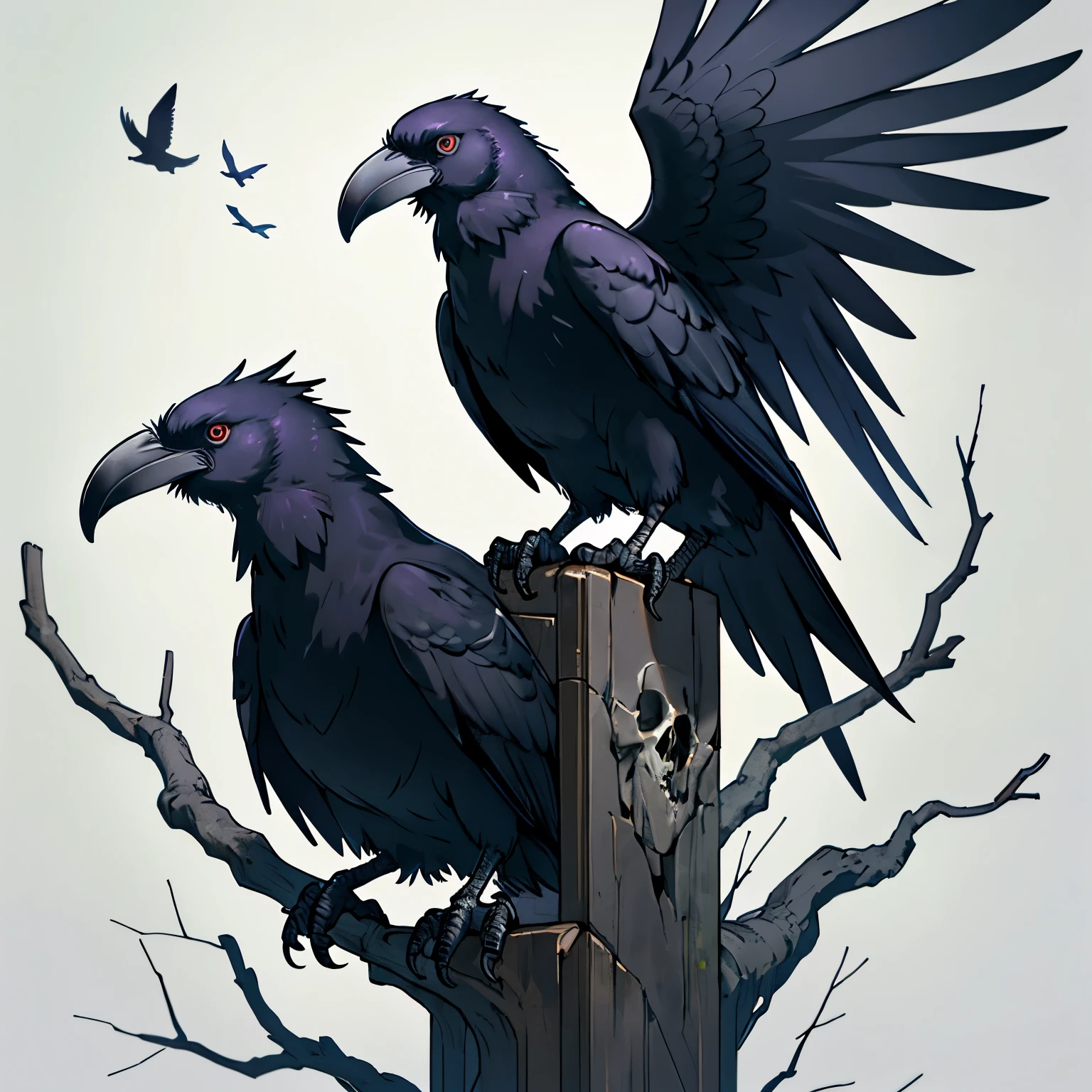 A raven perched atop a skull, its beady eyes fixed on a microphone that hung ominously before it. The bird's feathers were matte black, shimmering in the dim light. Its beak was curved and sharp, ready to deliver a chilling cry at a moment's notice. The skull beneath the raven was also intricately detailed, with every bone and crevice visible in the high resolution of the image.
The microphone was a vintage model, its metallic surface tarnished with age and dust. It hung from a thin, creaky stand that seemed to tremble ever so slightly with the weight of the bird. The raven's