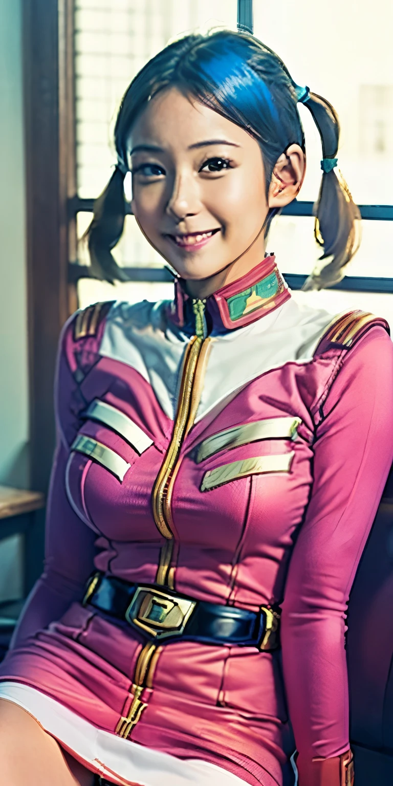 （8k、Raw photography、highest quality、masterpiece：1.2),(black haired、very short hair:1.7),show viewer,Looking at the front,erotic,(super sentai series、She is wearing a red Precure costume.:1.6)、(Clothing that emphasizes the shape of your chest:1.3)、(big breasts :1.3)、slim body shape、ultra high resolution,beautiful,beautiful fece,(alone, alone、no background:1.9),whole bodyボディー,、(black eye、japanese woman: 1.3),（Photoreal：1.37）、photon mapping,reality、(Baby-faced and cute: 1.1)、(cute smile: 1.7)、(With a round face: 1.8)、radio city、Physically based rendering、depth of field rally background、photograph, (I can see your knees,close up of thighs、blue skirt is too short、spread your legs、showing off white panties:1.1),whole body、super fine