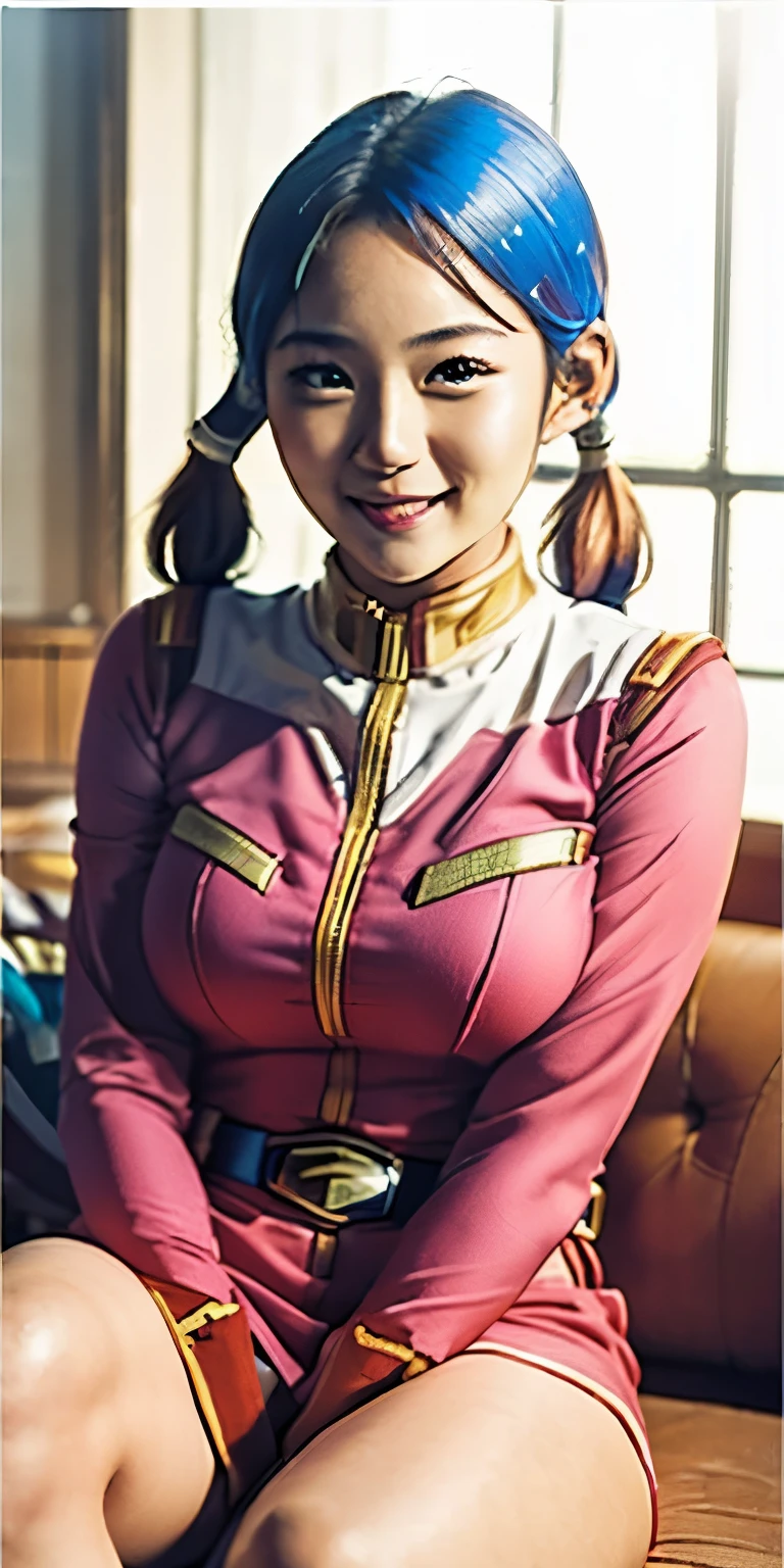 （8K、Raw photography、highest quality、masterpiece：1.2),(bright hair、Pigtails:1.7),show viewer,Looking at the front,erotic、spread legs、show white panties,,(super sentai series、knees are visible。wearing federal military costumes.:1.6)、(Clothing that emphasizes the shape of your chest:1.3)、(big breasts :1.3)、slim body shape、ultra high resolution,beautiful,beautiful fece,(alone, alone、no background:1.9),whole bodyボディー,、(black eye、japanese woman: 1.3),（Photoreal：1.37）、beautiful太もも、beautifulパンティ、beautiful膝、photon mapping,reality、(Baby-faced and cute: 1.1)、(cute smile: 1.7)、(With a round face: 1.8)、radio city、Physically based rendering、depth of field rally background、photograph, (I can see your knees,close up of thighs、blue skirt is too short、spread your legs、show off white panties:1.1),whole body、super fine