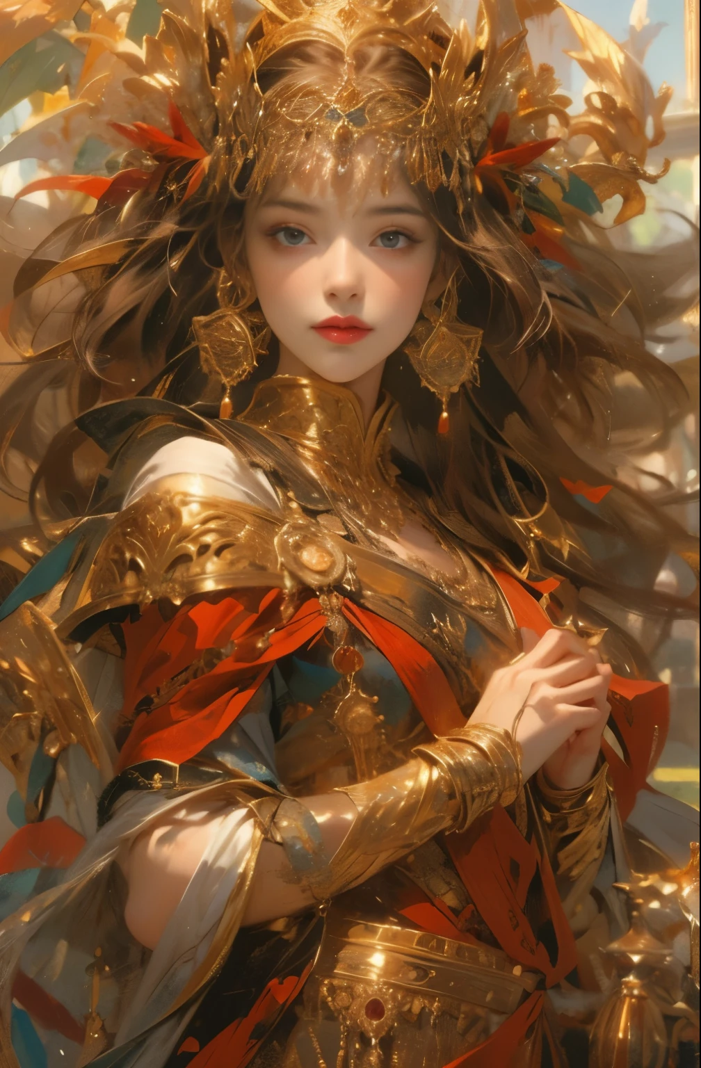 Gold and red tones、fantasy、Ancient mythology、ancient mesopotamia、hour of dusk、Mysterious、solemnity、majestic、highest quality, masterpiece、Ishtar, goddess of war、majestic hall々, battlefield commander、guardian of babylon、increase fighting spirit、queen of babylon, invincible general、Majestic Hall々、Brave、glory of babylon、honor of babylon、Treasure of Babylon, veteran hero、The unparalleled beauty of elongated eyes、refinement、Noble、i am proud、Wearing Noble jewelry、Equip your weapons、looks like fancy golden armor、cloak fluttering in the wind、Tall and lean、fiery red long hair、perfect angle、perfect composition、Low - Angle、Full body Esbian, Works that influenced Chen Yifei, Works that influenced Francesco Hayes, Inspired by Hendrik Terbruggen, Jean=Works that influenced Auguste Dominique Ingres, Works that influenced Liu Jun, Jean=Works that influenced Auguste Dominique Ingres, highest quality, perfect angle, perfect composition, best shot, official art, cinematic light, figurative art, Beautiful and expressive paintings, Beautiful artwork illustration, wonderful, cool beauty, clear, Mysterious, highest quality, official art, Very delicate and detailed painting style, Beautiful painting art, perfect light, perfect composition, perfect angle, The perfect subject, best shot, women only, sharp outline, pretty much beautiful face, very beautiful and delicate eyes, delicate and beautiful eyes, Full body Esbian