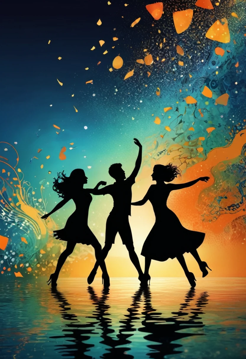 (best quality,highres:1.2),silhouette of  people Dancing on the Sea Surface,colorful background,blue,orange,green,blurred,zentangle style,black,brown, crunch it, make it outstanding, the best emotive silhouette ever, sparkles, sea, musical explosions, flying musical notes, magical, thanks. By Tupu...lol...