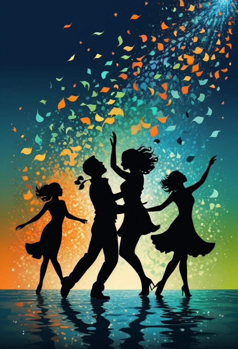 (best quality,highres:1.2),silhouette of people Dancing on the Sea Surface,colorful background,blue,orange,green,blurred,zentangle style,black,brown, crunch it, make it outstanding, the best emotive silhouette ever, sparkles, sea, musical explosions, flying musical notes, magical, thanks. By Tupu...lol...