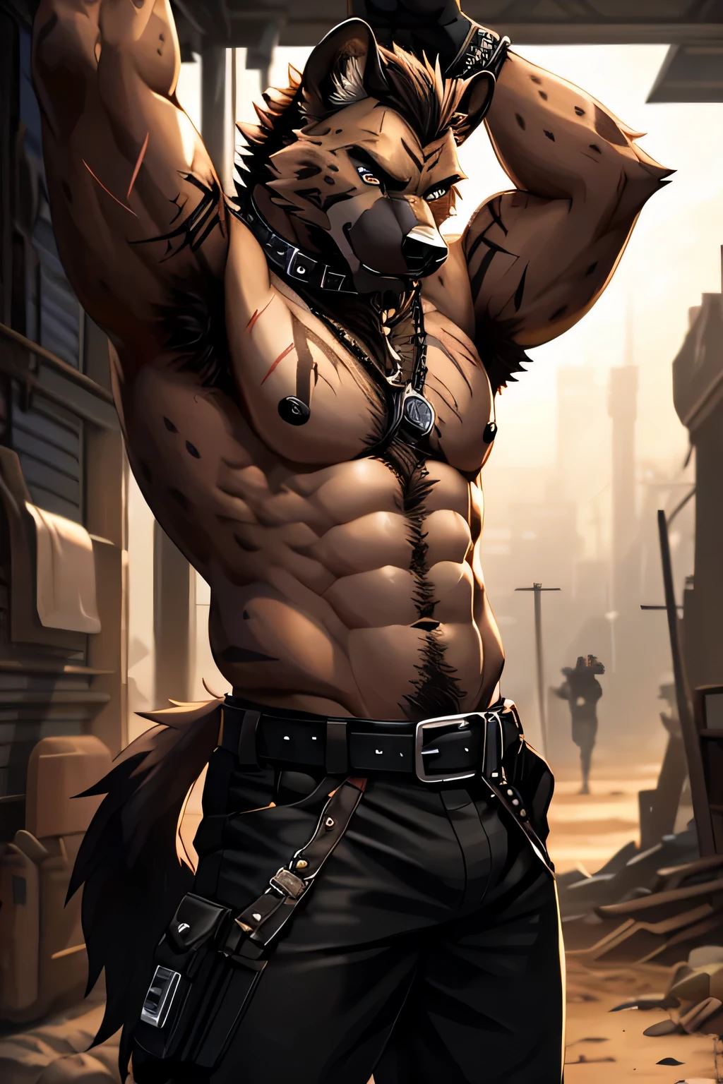 Masterpieces, furry, male, Anthropomorphic, spotted hyena, veiny, slender body type, Delicate eyes, goatee, grizzled fur, glistening body, terrorist, thug, punk, depth of field, perfect lighting, (best quality),(masterpiece),(ultra detailed), sharp focus, detailed wasteland background, shirtless, black nipples, fierce look, scars, black gloves, tight black shorts, veiny calves, black collar, hairy furry armpits, raise an arm pose, tattoo, glossy oiled up skin, sweating, wet, utility belt, belt harness