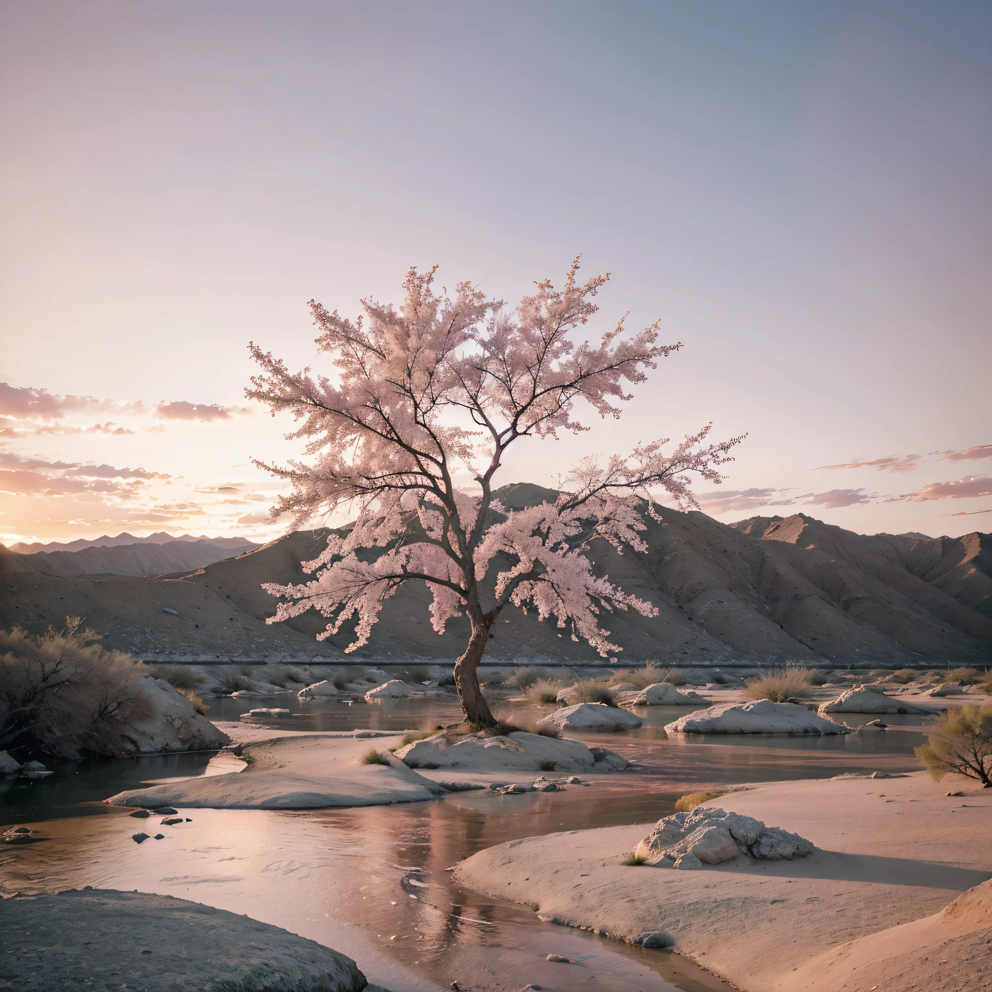 abstract pink tree, from which white thin branches grow, in the middle of the paradise desert, stones lie nearby and a river flows against a sea-green sky