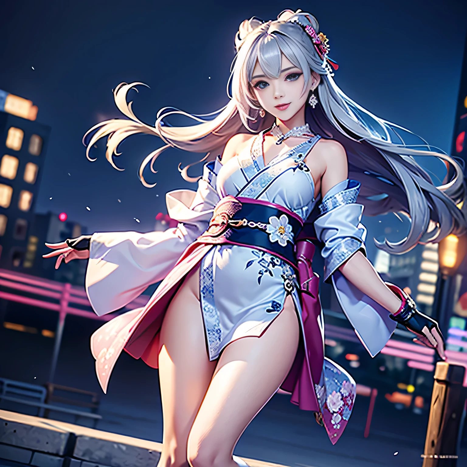dynamic angle, (1 girl), ((masterpiece:1.4, highest quality)), ((masterpiece, highest resolution)), (beautiful illustrations),(Beautiful semi-long silver hair),(beautiful blue eyes), (Elegant kimono with floral pattern), (looking at the viewer),
 innocent smile, white over knee high,lace chalk, Wristband, fingerless gloves, over knee high,
lace chalk, diamond necklace,Wristband, fingerless gloves, earrings, the wind is strong,cinematic lighting, red light district,night, neon,