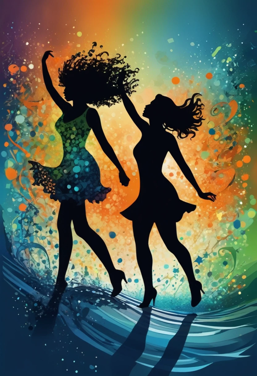 (best quality,highres:1.2),silhouette of people Dancing on the Sea Surface,colorful background,blue,orange,green,blurred,zentangle style,black,brown, crunch it, make it outstanding, the best emotive silhouette ever, sparkles, sea, musical explosions, flying musical notes, magical, thanks. By Tupu...lol...