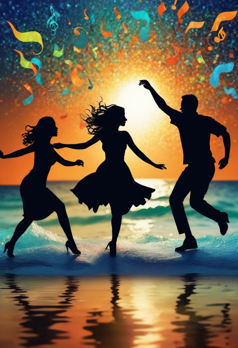(best quality,highres:1.2),silhouette of  people Dancing on the Sea Surface,colorful background,blue,orange,green,blurred,zentangle style,black,brown, crunch it, make it outstanding, the best emotive silhouette ever, sparkles, sea, musical explosions, flying musical notes, magical, thanks. By Tupu...lol...