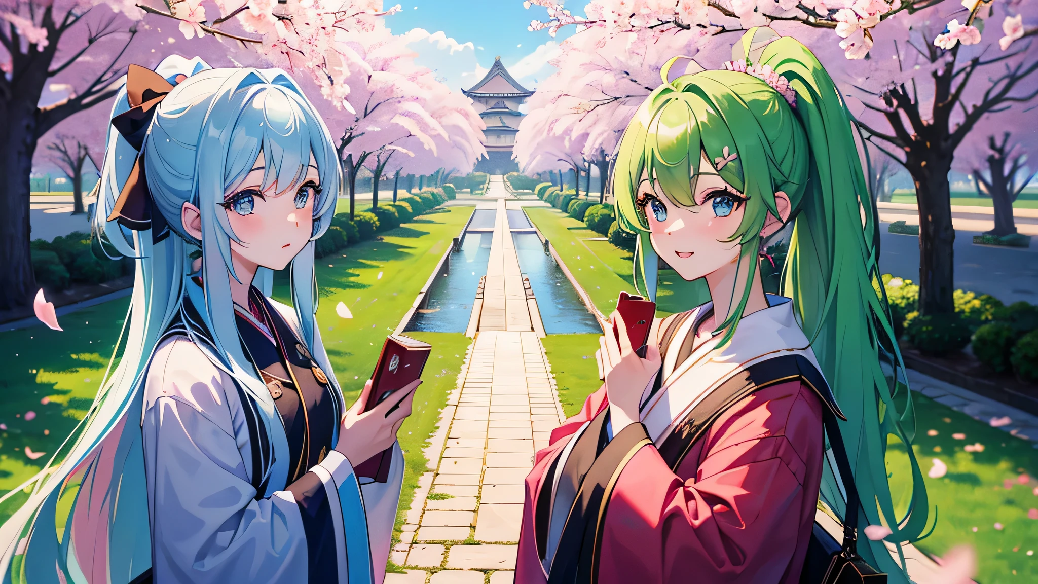 perfect anatomy, masterpiece:1.2, highest quality, 8K, beautiful and detailed growth, Utopian performance, (in the Kokura Castle, A field with many cherry blossoms in full bloom), (Kokura Castle Sakura Festival), break, (two girls happy smiles), (amount:0.3 blue hair long hair lovely girl cute blue eyes), break, and (ponytail green hair long hair cute girl eyebrows eyes), The background is dancing cherry blossom petals..