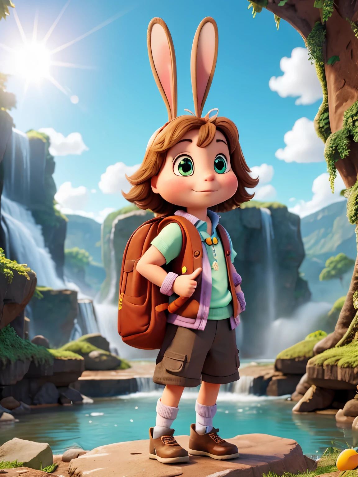 Rabbit with backpack full of Easter eggs in a waterfall and a bright sun