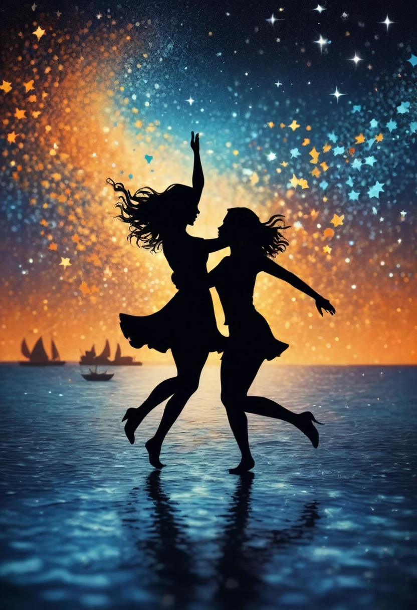 (best quality,highres:1.2),silhouette of people Dancing on the Sea Surface,starry background,blue,orange,blurred,zentangle style,black, crunch it, make it outstanding, the best emotive silhouette ever, sparkles, sea, musical explosions, flying musical notes, magical, thanks. By Tupu...lol...