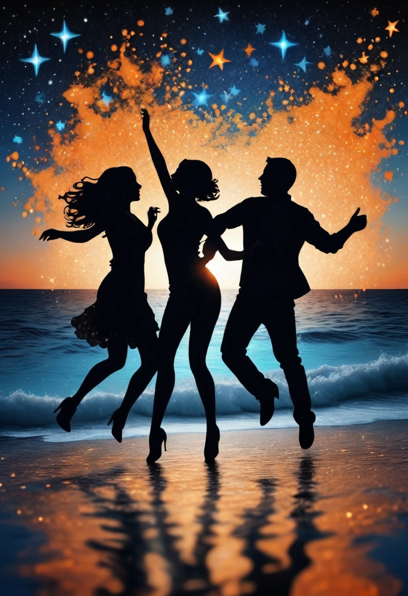 (best quality,highres:1.2),silhouette of people Dancing on the Sea Surface,starry background,blue,orange,blurred,zentangle style,black, crunch it, make it outstanding, the best emotive silhouette ever, sparkles, sea, musical explosions, flying musical notes, magical, thanks. By Tupu...lol...