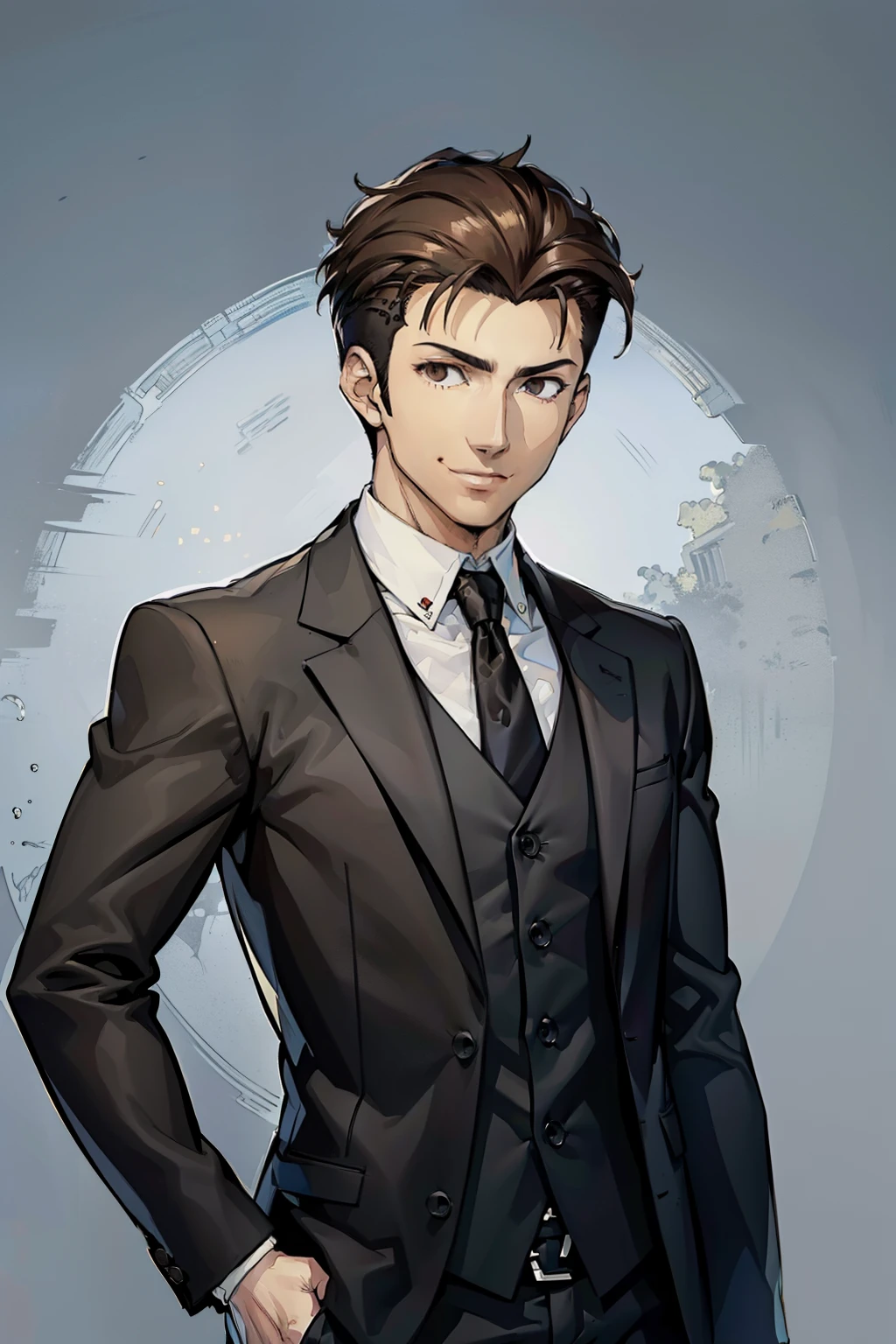 (masterpiece, highest quality:1.2),Good physique、Anime character standing in a black suit,(black jacket,white shirt)、 ((masterpiece, highest quality)) 1 boy、((short hair、brown hair,undercut)、(smile)