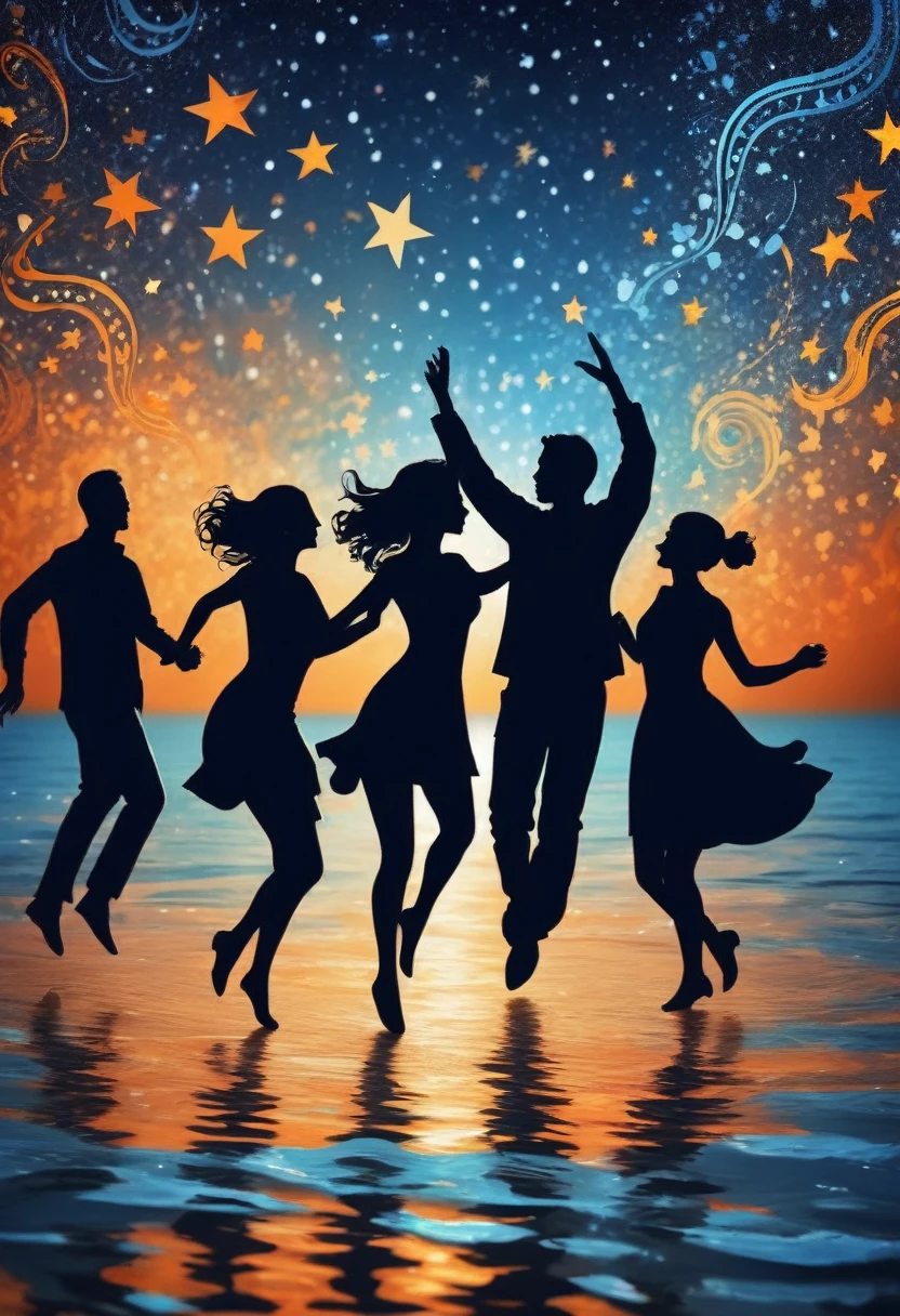 (best quality,highres:1.2),silhouette of people Dancing on the Sea Surface,starry background,blue,orange,blurred,zentangle style,black, crunch it, make it outstanding, the best emotive silhouette ever, sparkles, sea, musical explosions, flying musical notes, magical, thanks. By Tupu...lol...