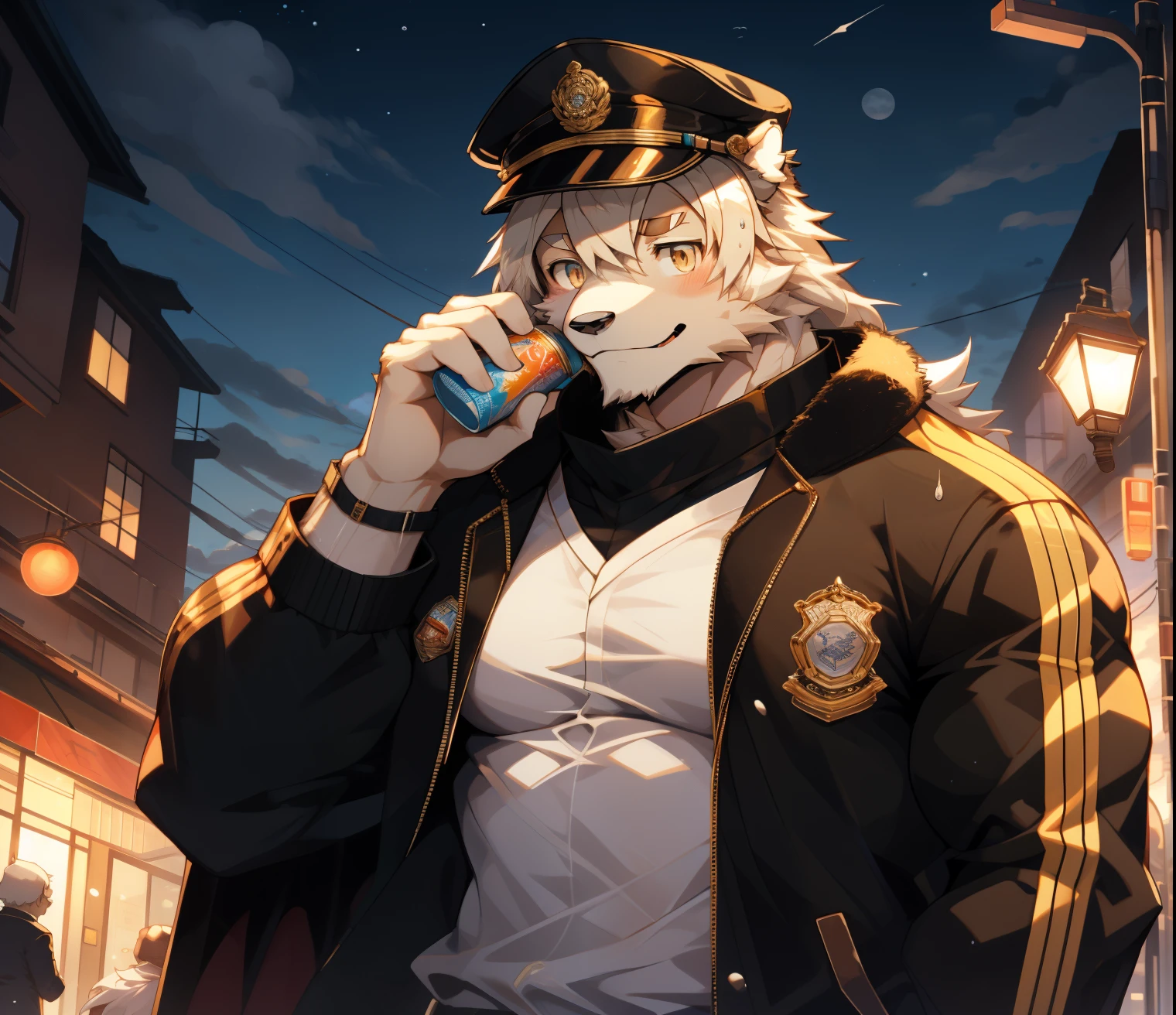 masterpiece,night,Anthropomorphic dogs,one person,(((white hair))),male,26 years old,thick eyebrows,Light-colored fur,Strong body,Large pecs,(((nude,White tracksuit,coat,blue sports hat))),full-body shot,in city street,holding a can of candy,(((Purchase items)))dark night,Light,sweating,(((white hair))),shy,情绪happy,looking towards the viewer,blush,happy,near,golden pupils,big eyes,Strong,Lying on the bed 在花海上,full body image,The sky is clouded over,cloudy day,green plants,street lamp,Tall building,car,(((background:Garden 1.5))),(((Detailed character description))),