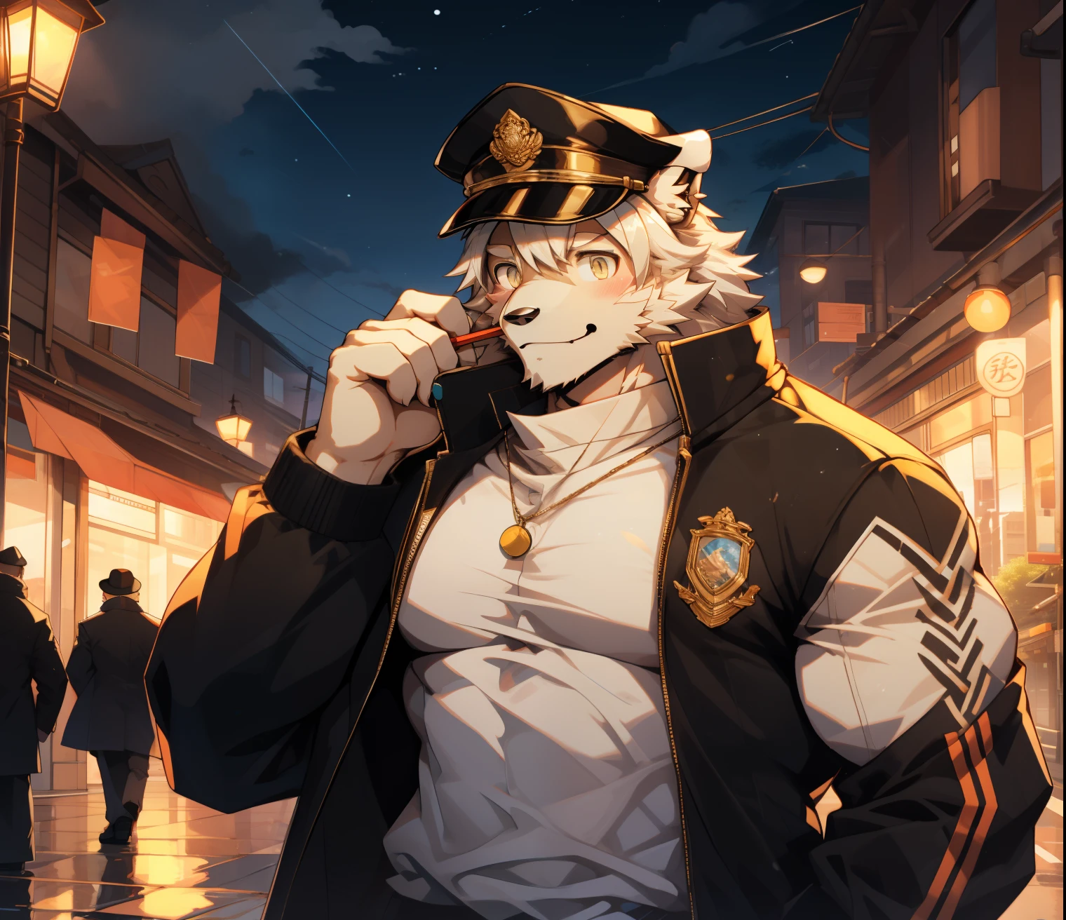 masterpiece,night,Anthropomorphic dogs,one person,(((white hair))),male,26 years old,thick eyebrows,Light-colored fur,Strong body,Large pecs,(((nude,White tracksuit,coat,blue sports hat))),full-body shot,in city street,holding a can of candy,(((Purchase items)))dark night,Light,sweating,(((white hair))),shy,情绪happy,looking towards the viewer,blush,happy,near,golden pupils,big eyes,Strong,Lying on the bed 在花海上,full body image,The sky is clouded over,cloudy day,green plants,street lamp,Tall building,car,(((background:Garden 1.5))),(((Detailed character description))),