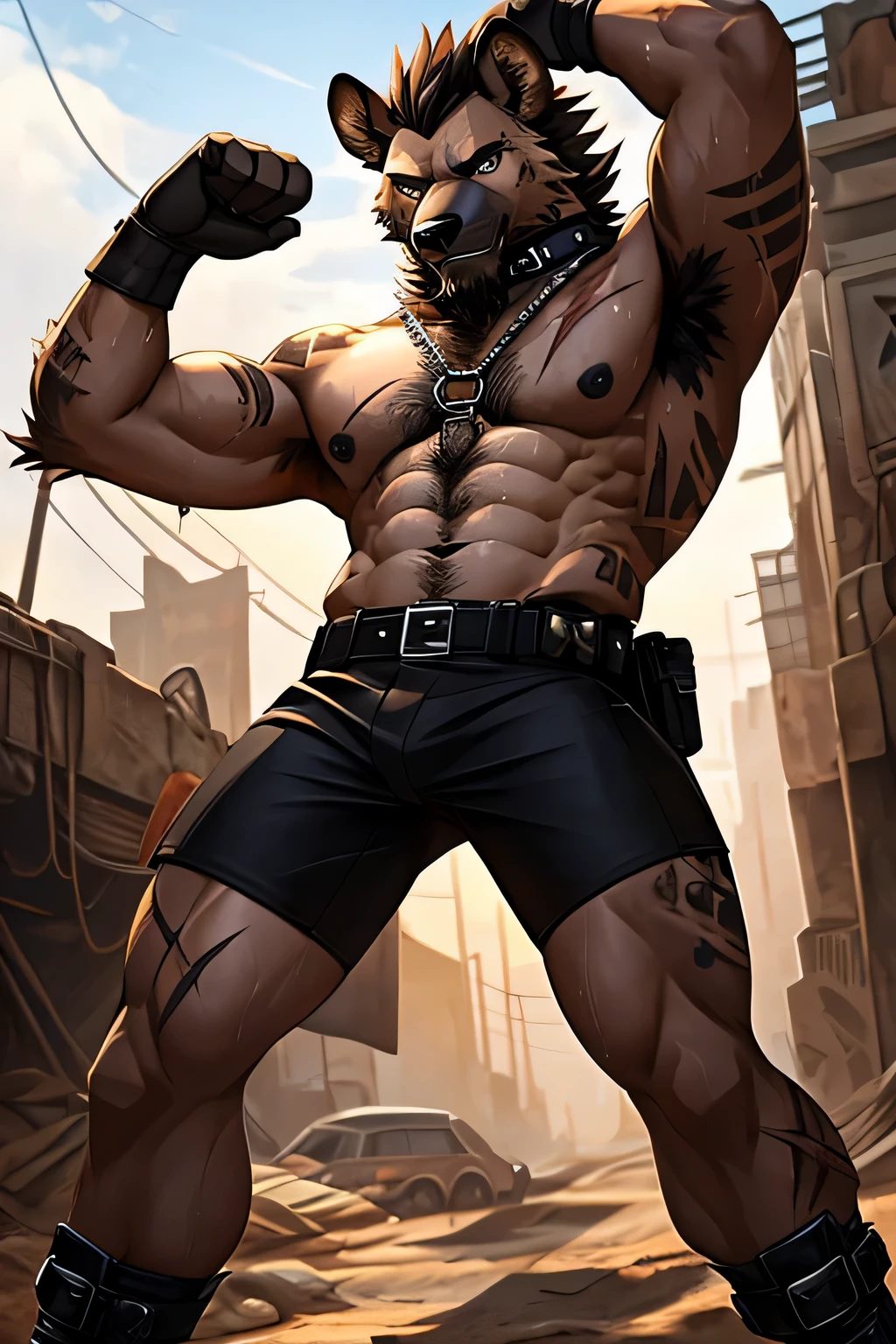 Masterpieces, furry, male, Anthropomorphic, spotted hyena, veiny, slender body type, Delicate eyes, goatee, grizzled fur, glistening body, terrorist, thug, punk, depth of field, perfect lighting, (best quality),(masterpiece),(ultra detailed), sharp focus, detailed wasteland background, shirtless, black nipples, fierce look, scars, black gloves, tight black shorts, veiny calves, black collar, hairy furry armpits, raise an arm pose, tattoo, glossy oiled up skin, sweating, wet, utility belt, belt harness