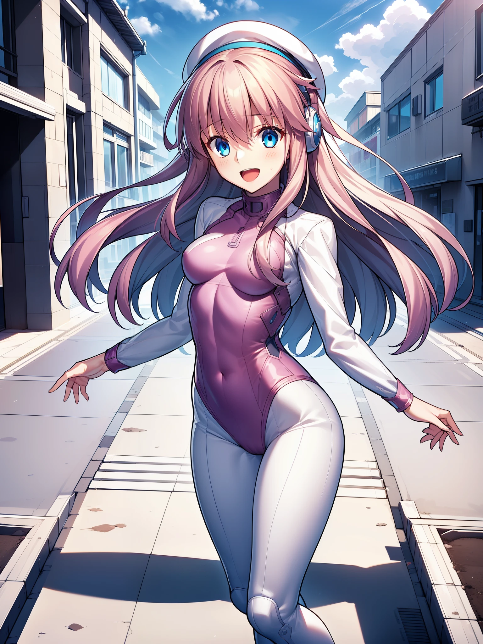 1girl, solo, small breasts, looking at viewer, blush, smile, long hair, bangs, large breasts, pink long hair, long sleeves, blue eyes, headphone,beret,:d, bodysuit, bspace, pink bodysuit with blue accents, blue sky, outdoors, office building backdrop, ballet leotard, white full-length tights, thigh-high boots,  aged