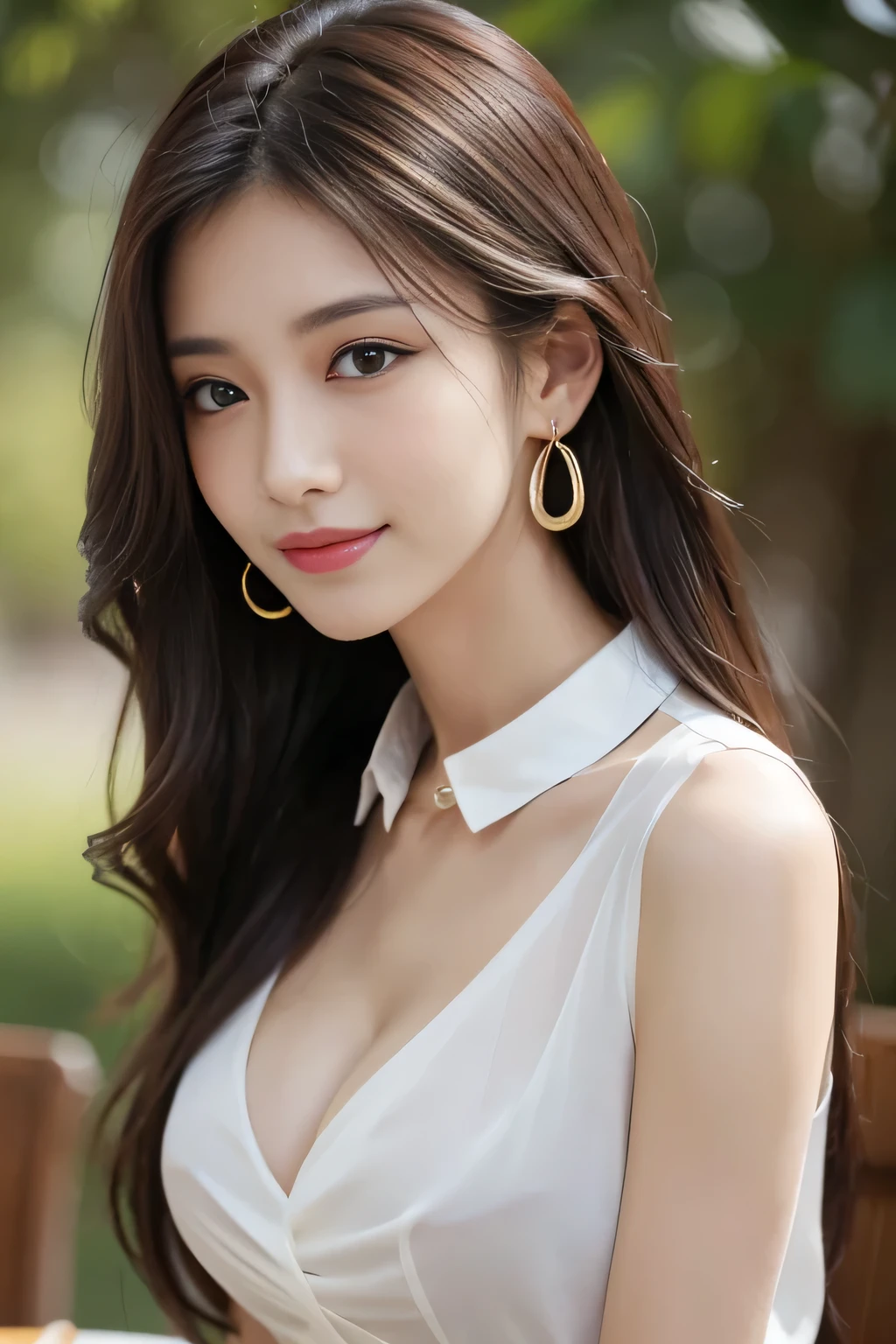 (highest quality, 8K, table top: 1.3)), sharp: 1.2, perfect body beauty: 1.4, slim abs: 1.2, ((long hairstyles, medium breasts: 1.2)), cleavage, (pale white long shirt: 1.1), Highly detailed face and skin texture, fine eyes, double eyelid, View from the side looking at the camera, innocent, (Excited: 1.3)、cute smile、big earrings、No sleeve、See-through shirt with collar、long hair、hair swaying in the wind