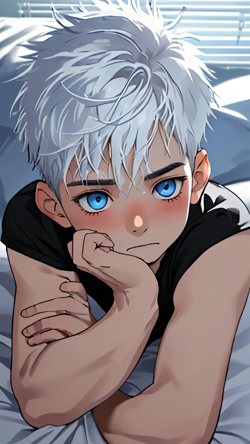 a boy with white hair and white eyes. He has a purple and black snake tail instead of his legs .He is laying down on the couch.