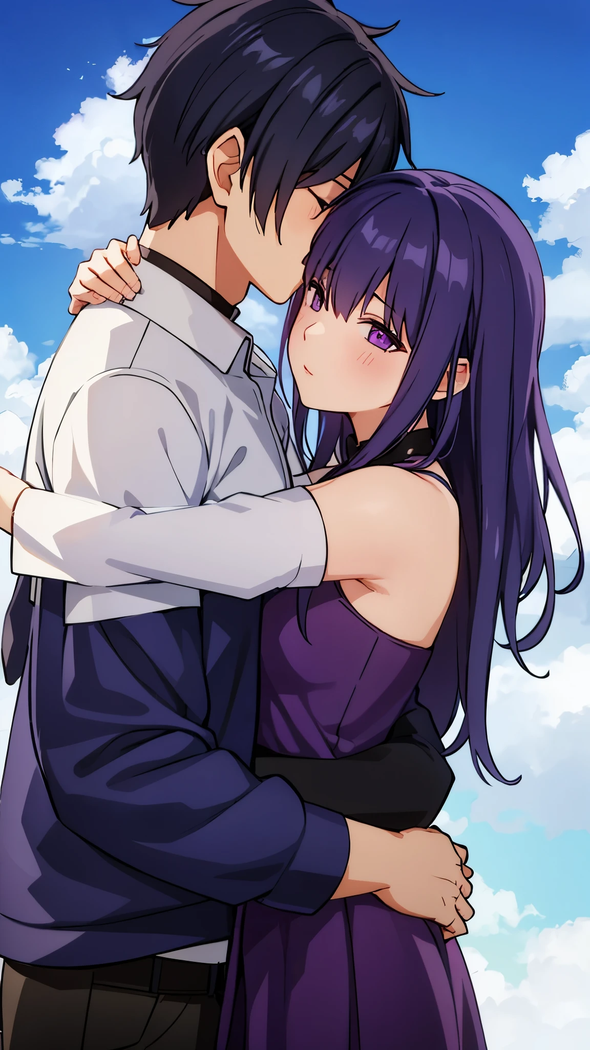 1boy,1girl, background in blue sky,1dark purple hair,1black hair,kiss,hug,