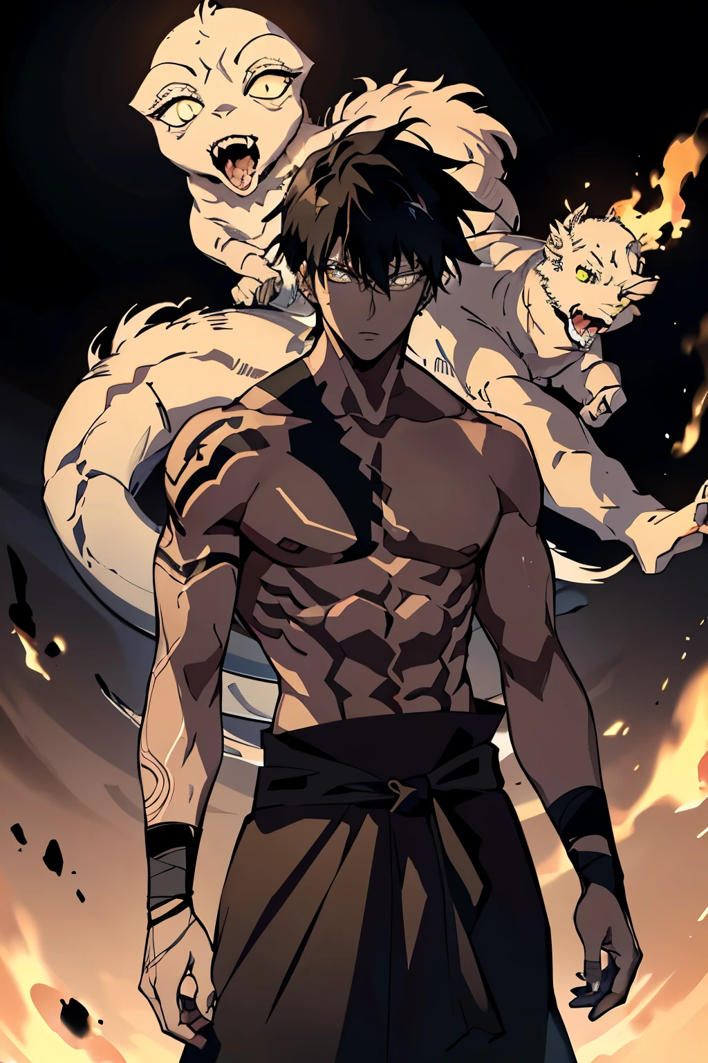 (high-quality, breathtaking),(expressive eyes, perfect face) 1boy, male, solo, young adult, black hair, yellow eyes, (short spiky hairstyles) short hair length, (dark skin), soft serious expression, Monk profession, martial artist, well built body, pants, knuckle bandages, environment background, fantasy clothing, fantasy attire, DnD Monk Class, oriental monk, half body, ancient Chinese swordsman hanfu, body tattoos, tribal body art, wuxia, black and gold clothing palette, ((tan skin color)), monk, bandage wrapped forearms, fantasy, (Dragon tattoo), (big Stigmata), character focus, ((black light)),((dark lighting)), cinematic lighting ,(darkness), (concept art), (glowing eyes), high resolution, extremely detailed CG unity 8k wallpaper, ((masterpiece)), ((top-quality)), (beautiful illustration), ((an extremely delicate and beautiful)), (masterpiece, Best quality, ultra high resolution), glowing yellow eyes, Luminous_eyes, ultra detailed eyes, Beautiful and detailed face, detailed eyes, (Centered, torso), (wide shot:0.9), facing the viewer, Eye level, (1 small black horn on top of head), white Chinese dragon in the background