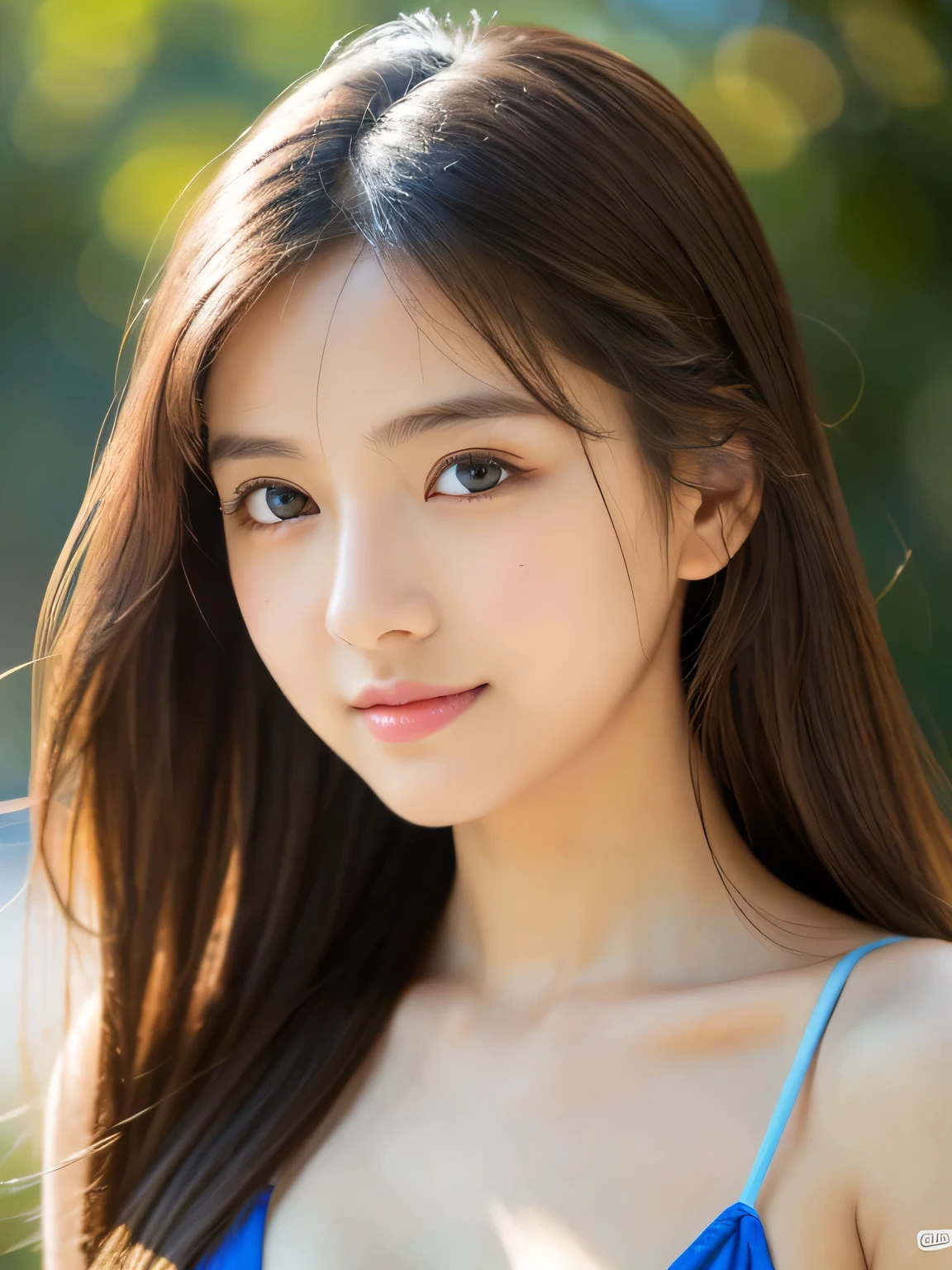(((32k,high details,high detail、masterpiece,attention to detail,alone))),Raw photo & realistic atmosphere,beautiful dark blue eyes,detailed mouth,glossy lips,thin eyebrows,fine eyes、Soft white skin that shines in every detail、sheの深い黒色の目はとても美しいです,lip details、very beautiful face,very well-shaped face、lifelike face,shining beautiful lips,beautiful eyebrows,infinite reality, Realistic young gravure idol,she'she'she'she'she'she'she's a very cute woman , young gravure idol, young gravure idol, とても美しくてかわいい121-year-old beautiful girl,incredibly beautiful and classy121-year-old beautiful girl,natural soft light,(shiny hair,,Beautiful and kind eyes:1.5),gentle smile,well-shaped chest,medium long hair,seaside,bikini,beautiful posture,no makeup,Upper body,