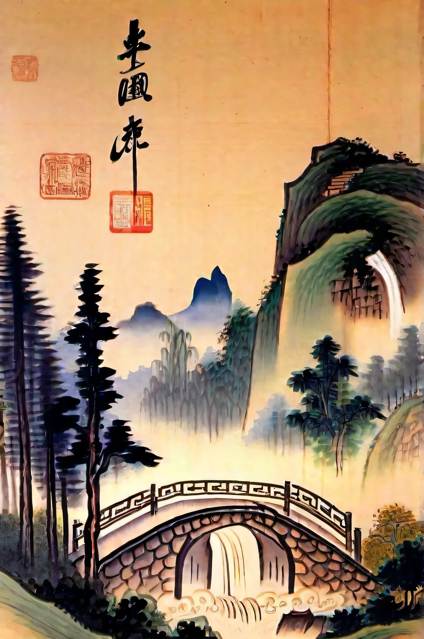 Traditional wall landscape，Painting style tradition, Simple and sophisticated，Rolling mountains in the distance，The waterfall has its ups and downs，surrounded by cloud，The pavilion is set amidst greenery，Big trees and people nearby，Antique bridges complement the surrounding landscape，It has a classical Chinese charm。