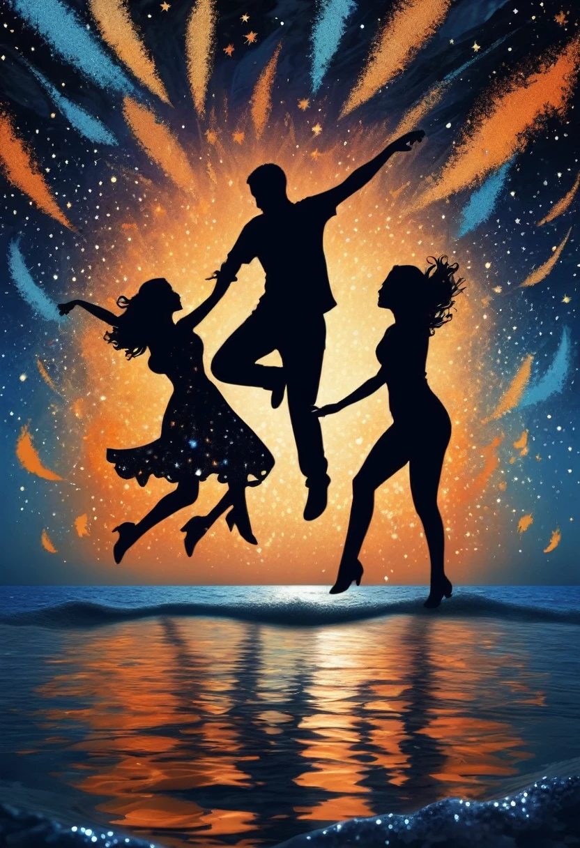 (best quality,highres:1.2),silhouette of  people Dancing on the Sea Surface,starry background,blue,orange,blurred,zentangle style,black, crunch it, make it outstanding, the best emotive silhouette ever, sparkles, sea, musical explosions, flying musical notes, magical, thanks. By Tupu...lol...